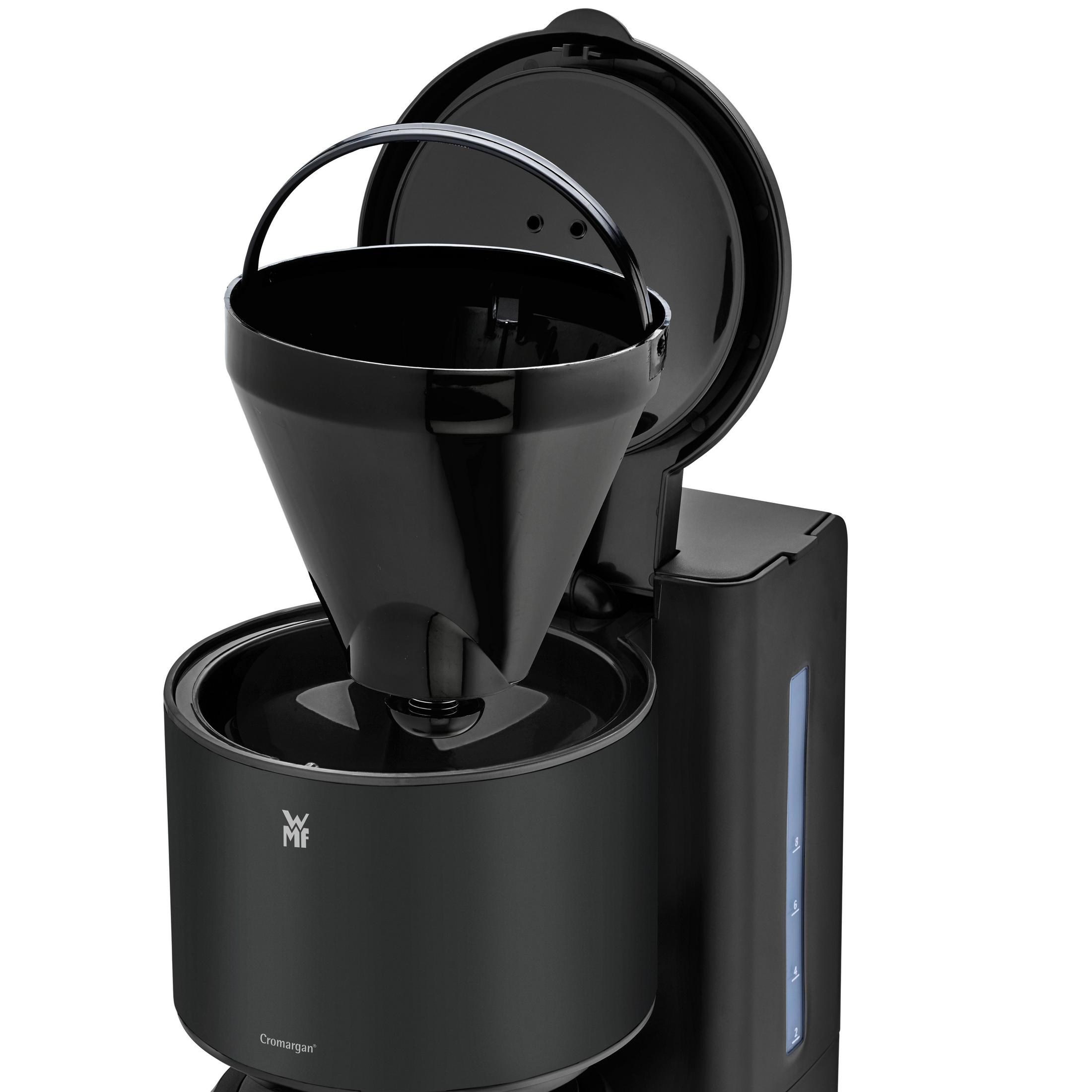 Czarny ekspres do kawy z blokadą kapania i wskaźnikiem poziomu wody.