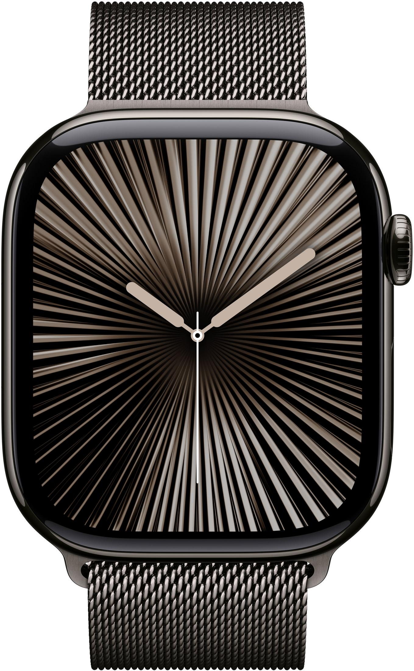 Ciemny smartwatch z stylizowaną tarczą i paskiem mediolańskim.