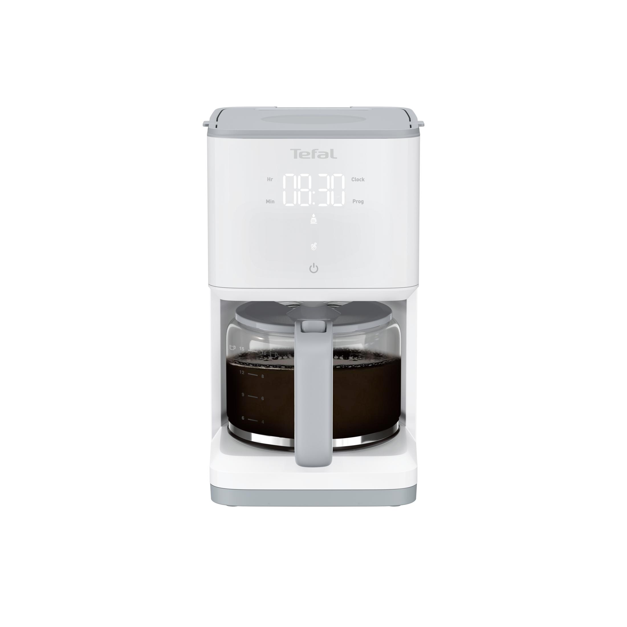 Biały ekspres do kawy Tefal z cyfrowym zegarem i pełnym dzbankiem szklanym.