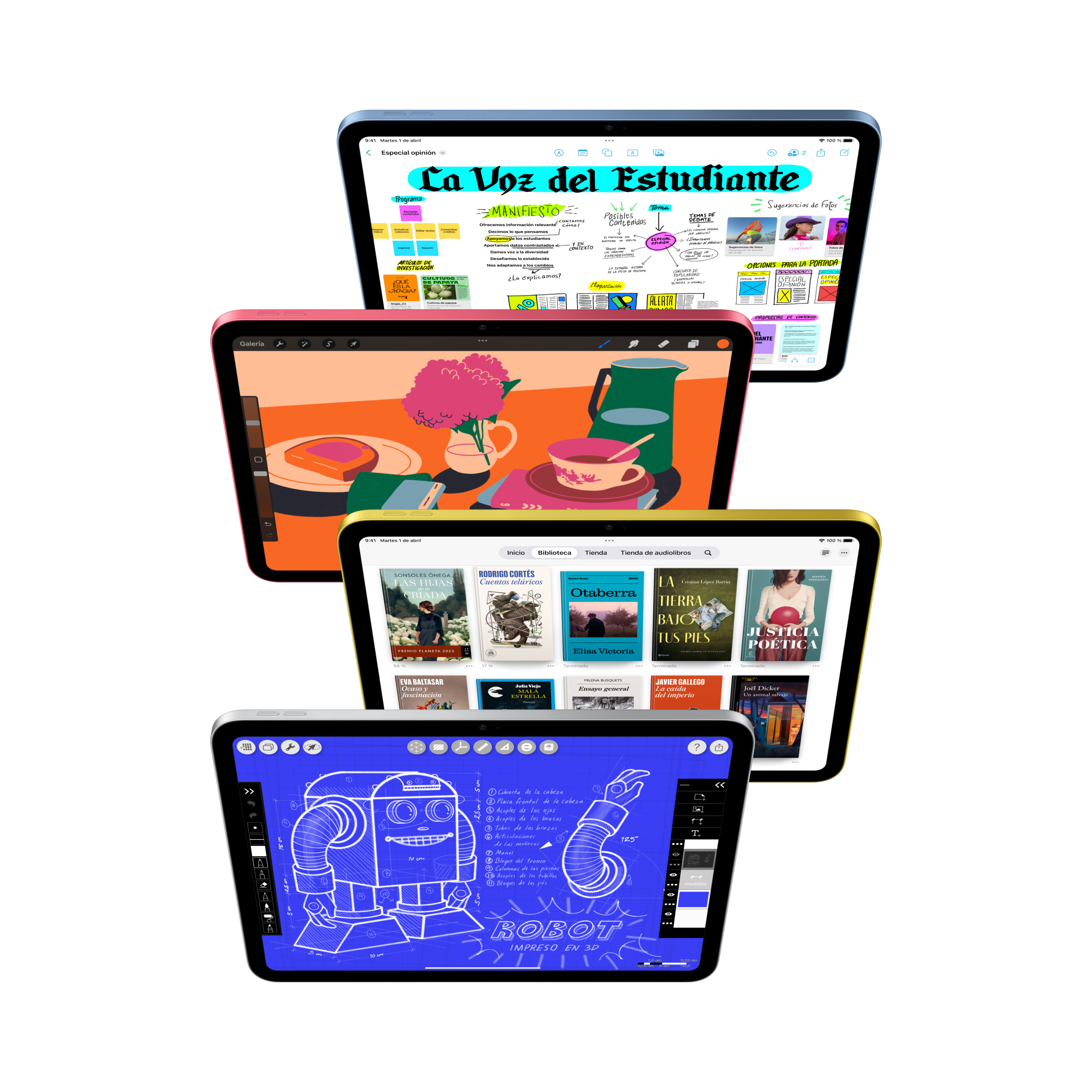 Cztery iPady wyświetlają różne treści: mapa myśli, rysunek, okładki książek i schemat robota.