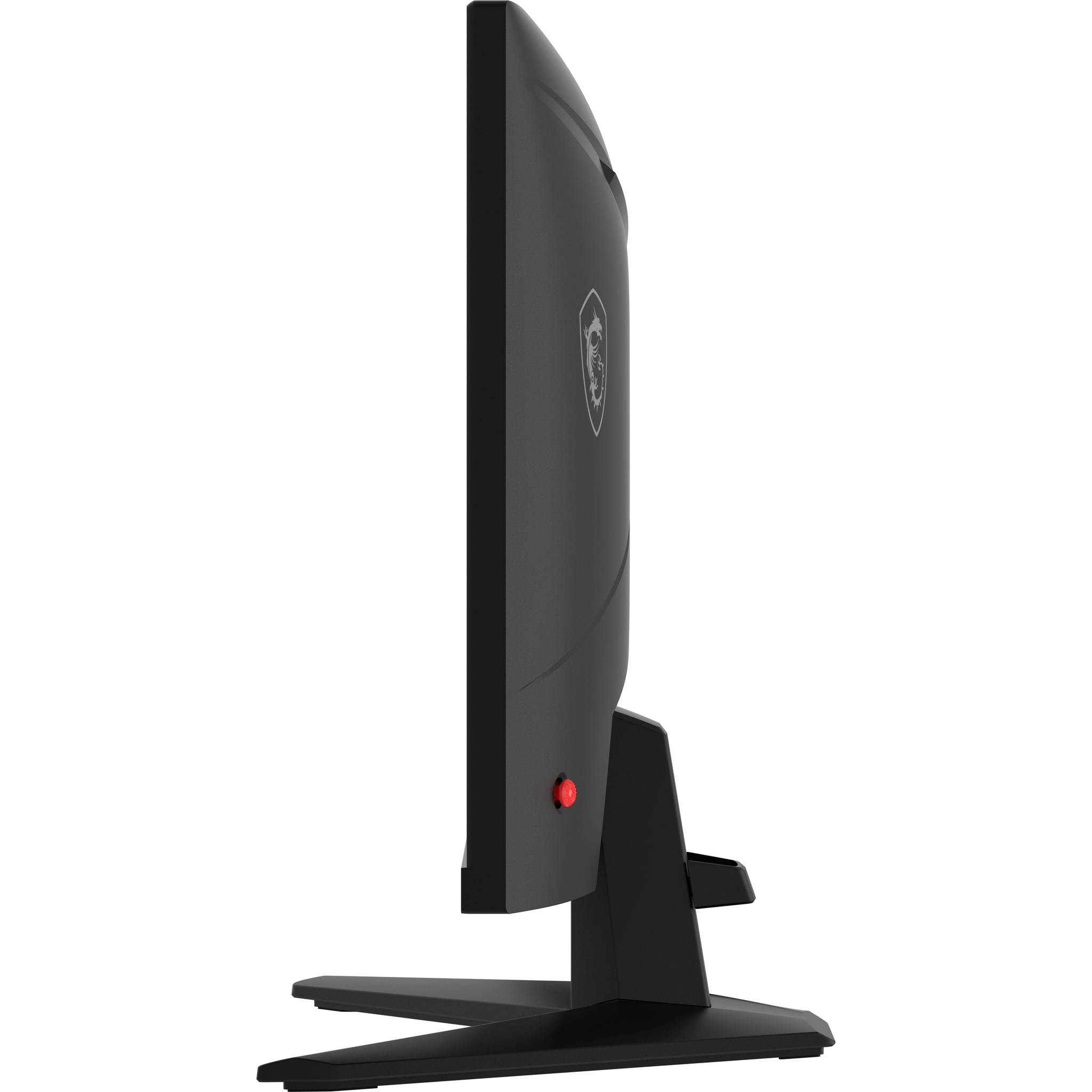 Czarny monitor komputerowy z boku, z czerwonym przyciskiem i logo MSI.
