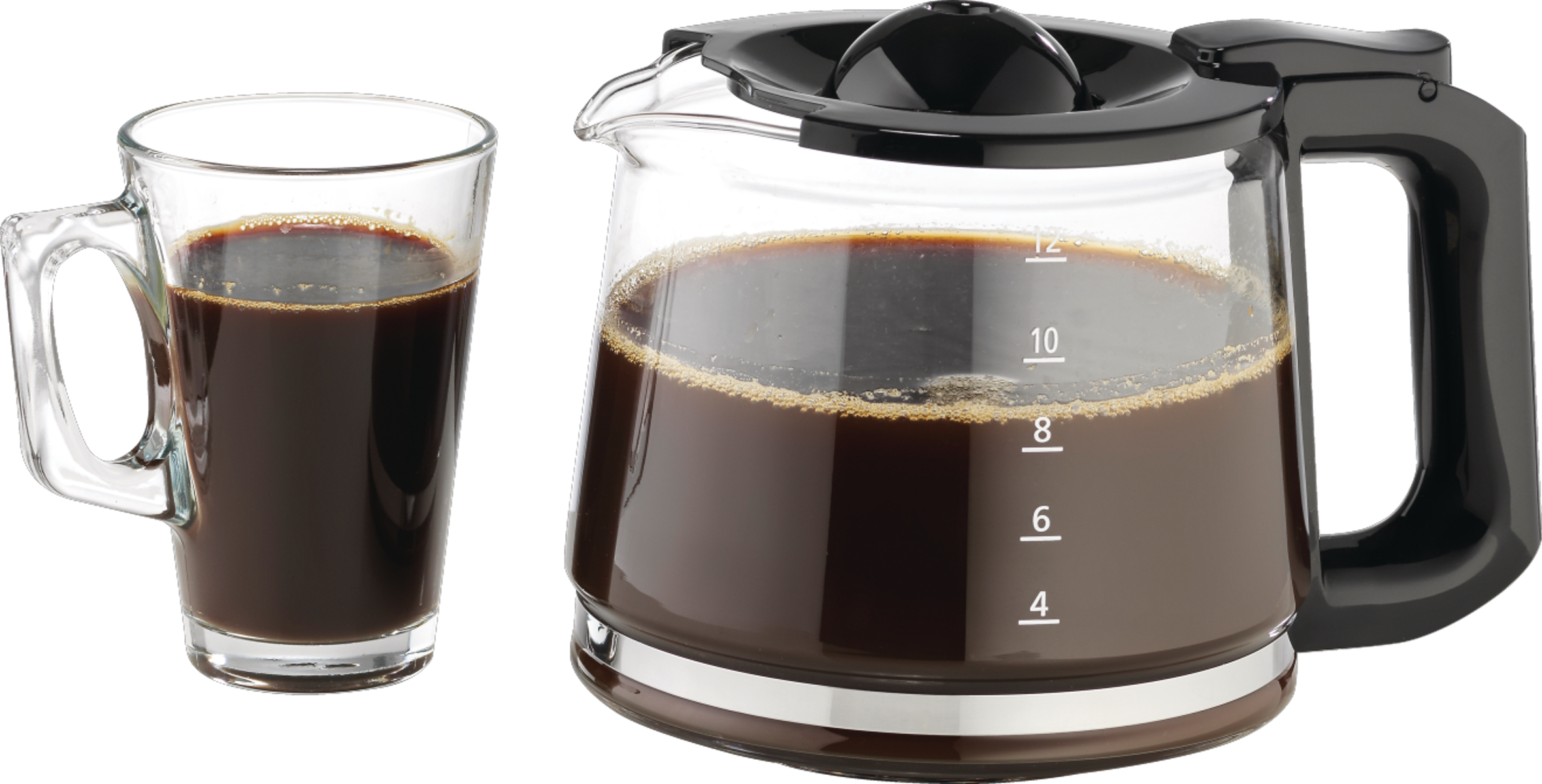Glas Kaffeekanne mit schwarzem Griff und Glasbecher mit Kaffee.