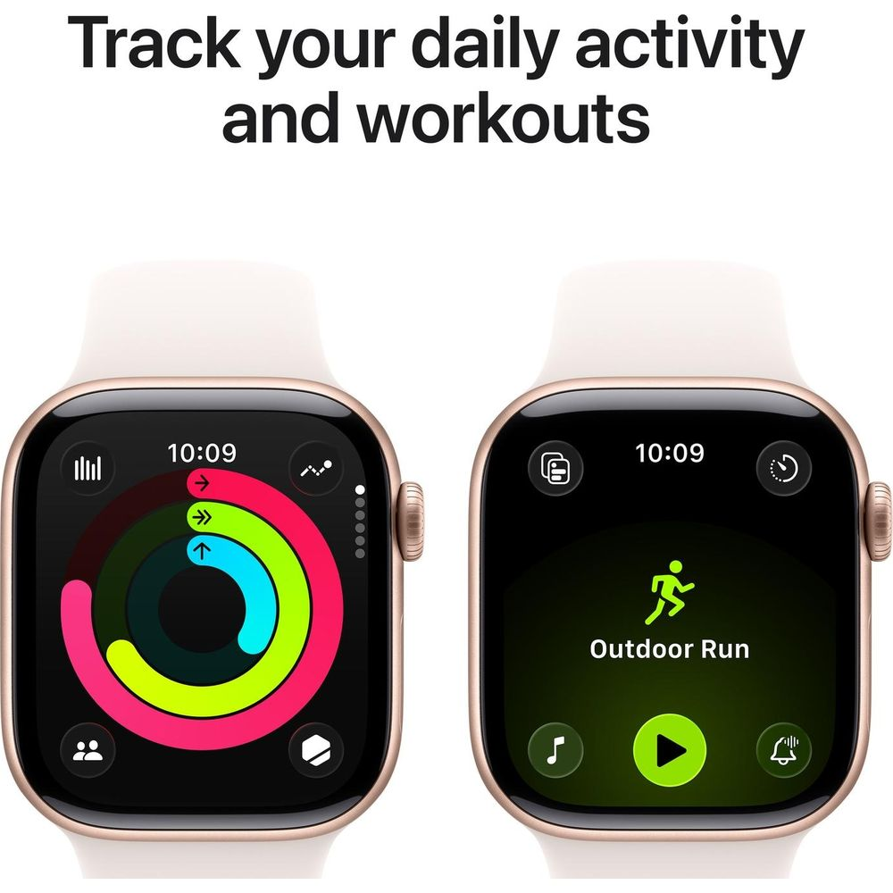 Dwa zegarki Apple Watch pokazują pierścienie aktywności i aplikację Bieg na zewnątrz.