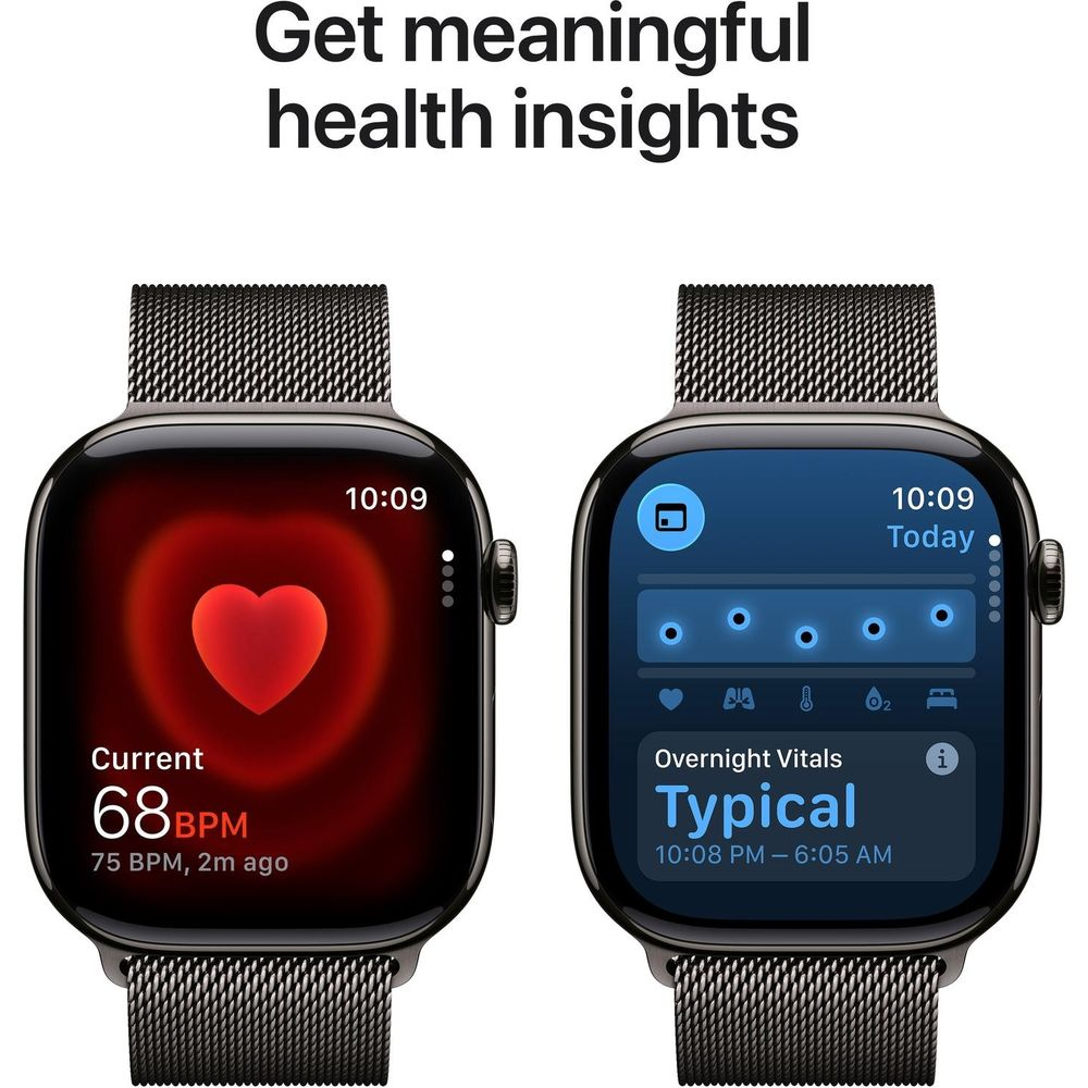 Dwa smartwatche pokazują dane zdrowotne: jeden tętno, drugi parametry życiowe.