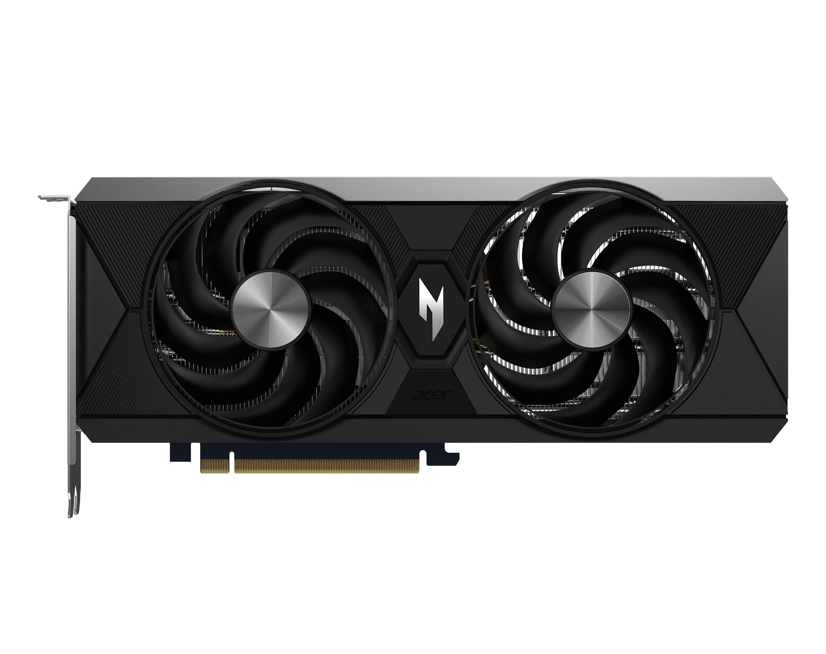 Czarna karta graficzna z dwoma wentylatorami i srebrnymi akcentami, na białym tle.