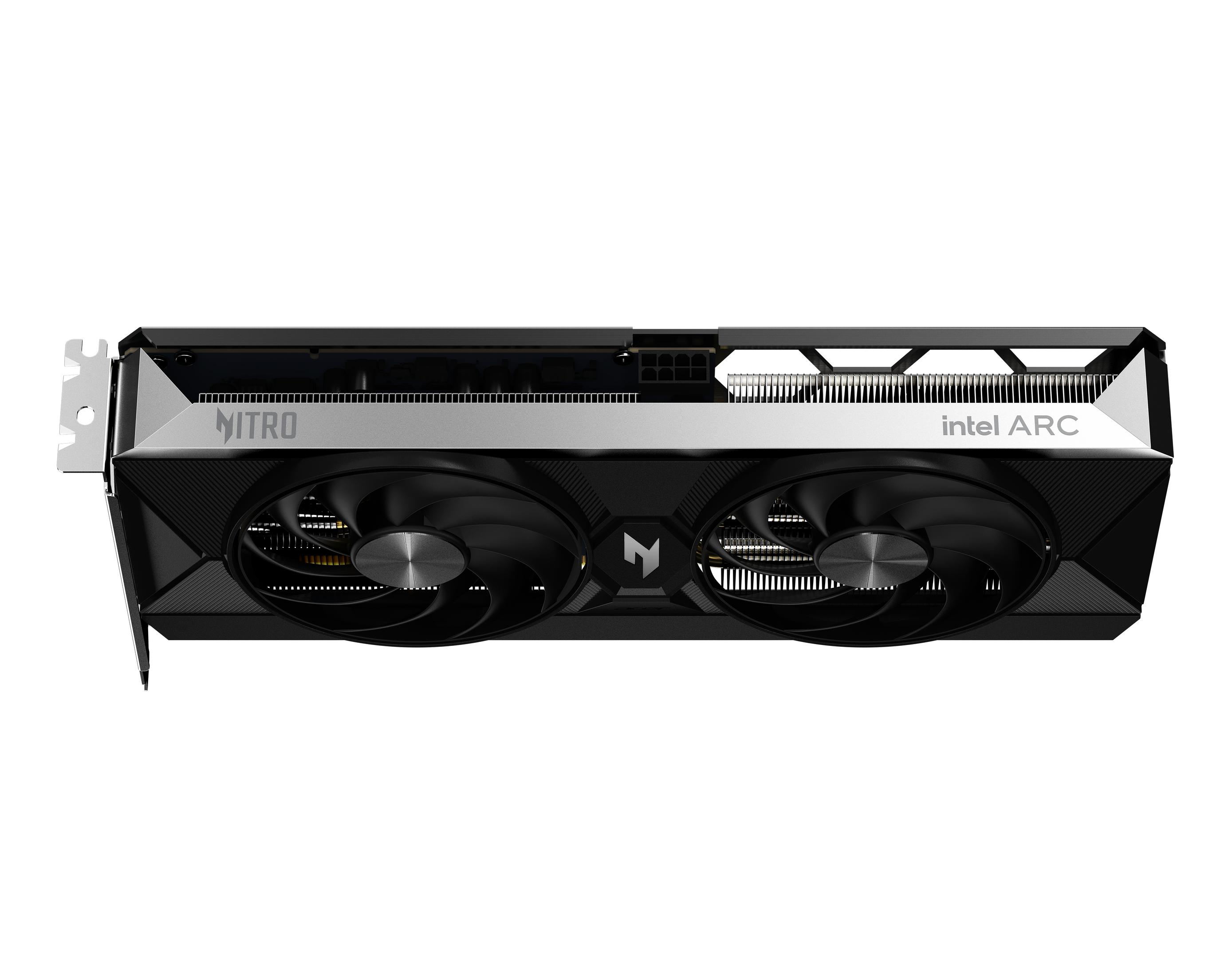 Czarna karta graficzna z dwoma wentylatorami i logo "intel ARC" na białym tle.