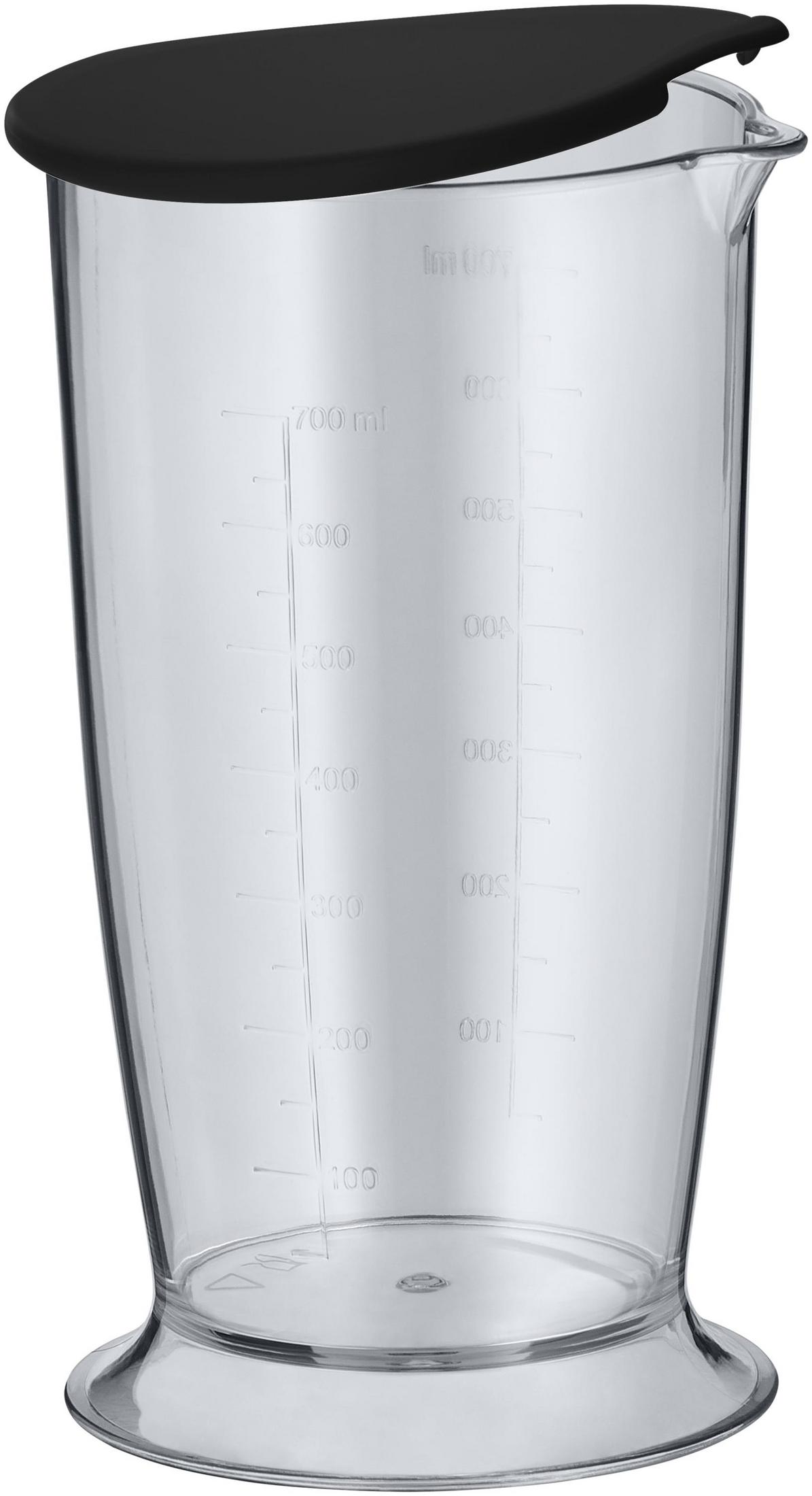 Przezroczysty dzbanek z miarką i czarną pokrywką, oznaczenia w ml.