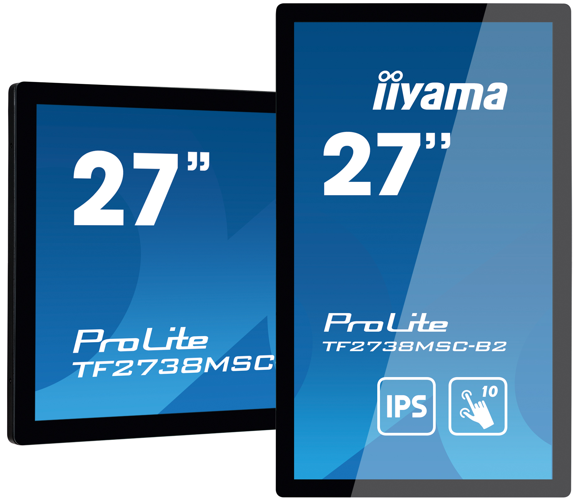 Dwa monitory Iiyama ProLite 27 cali na niebieskim tle.