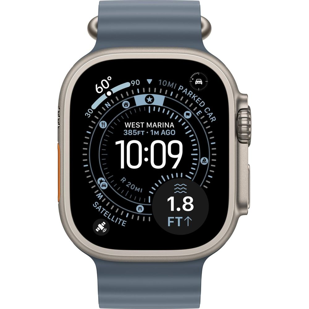 Orologio smart grigio con cinturino blu mostra 10:09, West Marina, 1.8 FT.