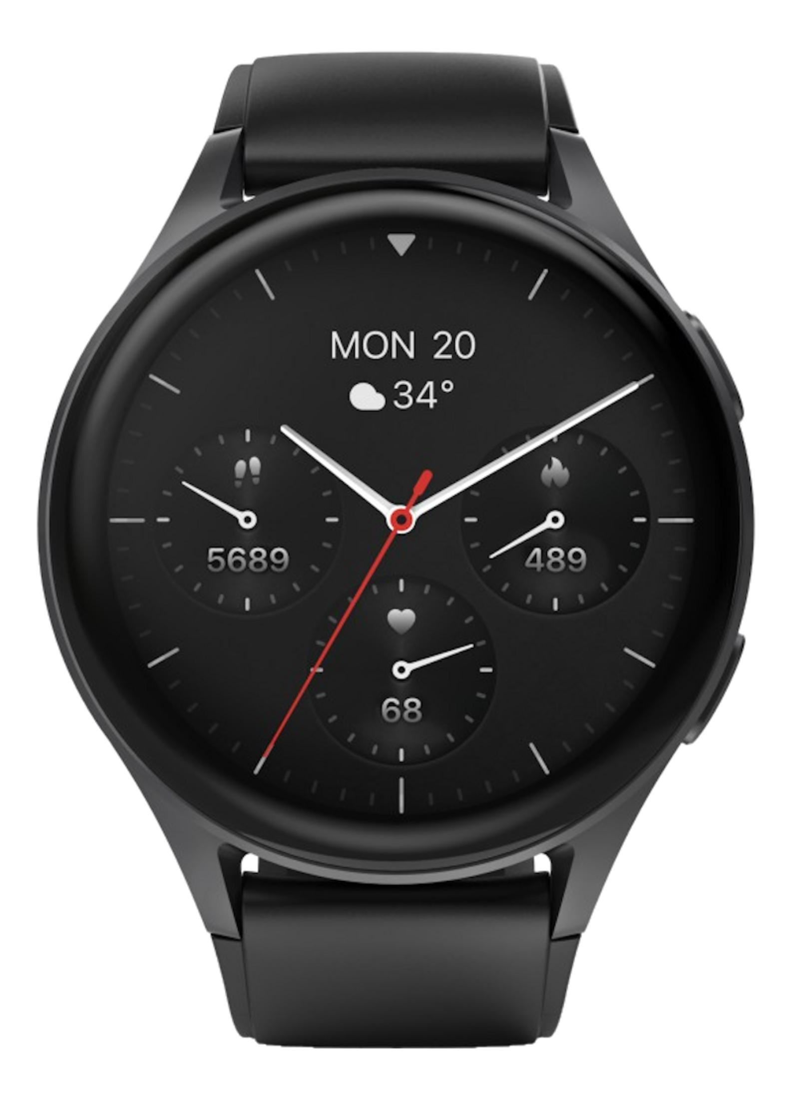 Czarny smartwatch z czarnym paskiem. Wyświetla Pon 20, 34°, 5689 kroków, 489 kalorii, 68 serc.
