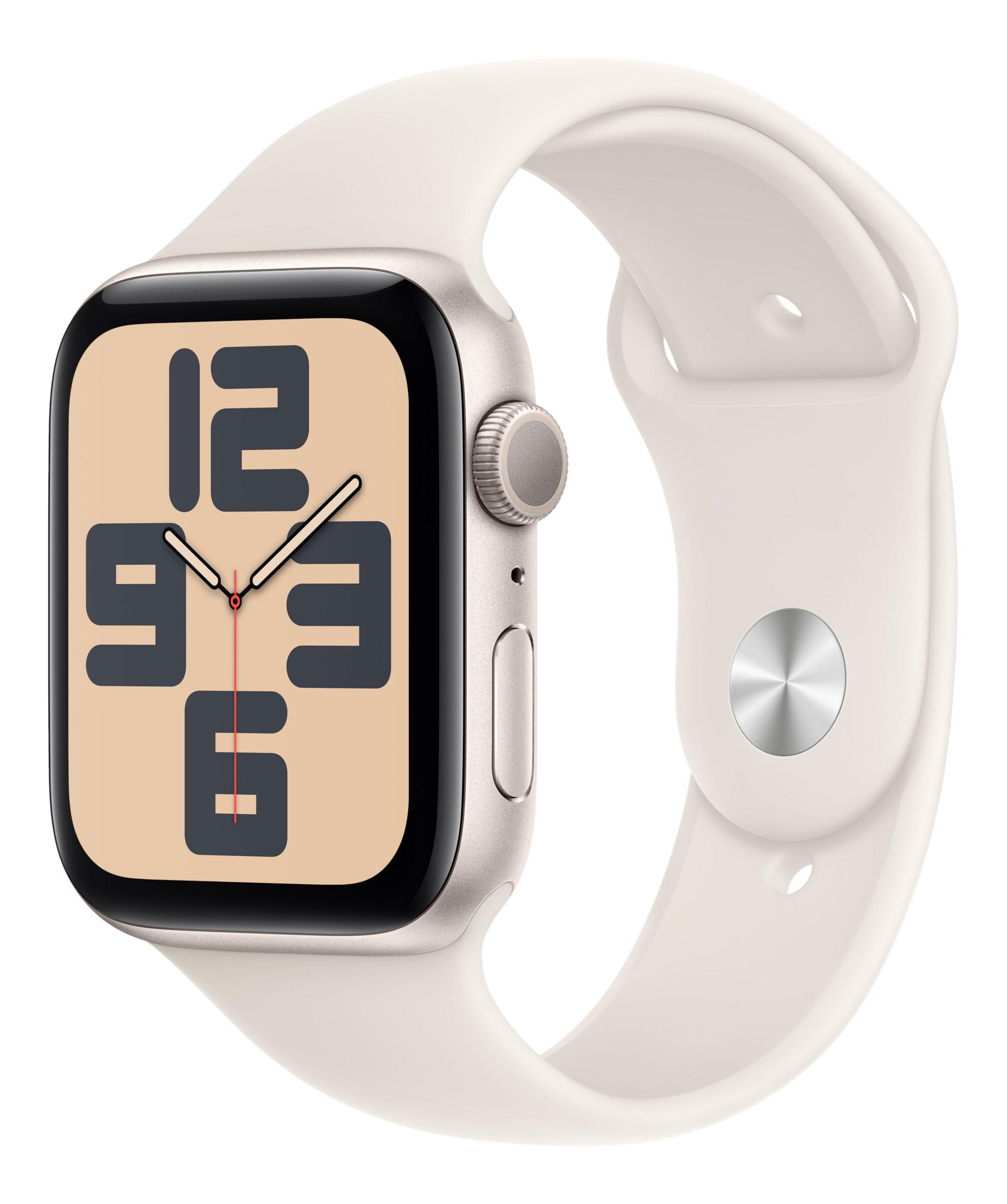 Srebrny smartwatch z kremowym paskiem wyświetla duże cyfry.