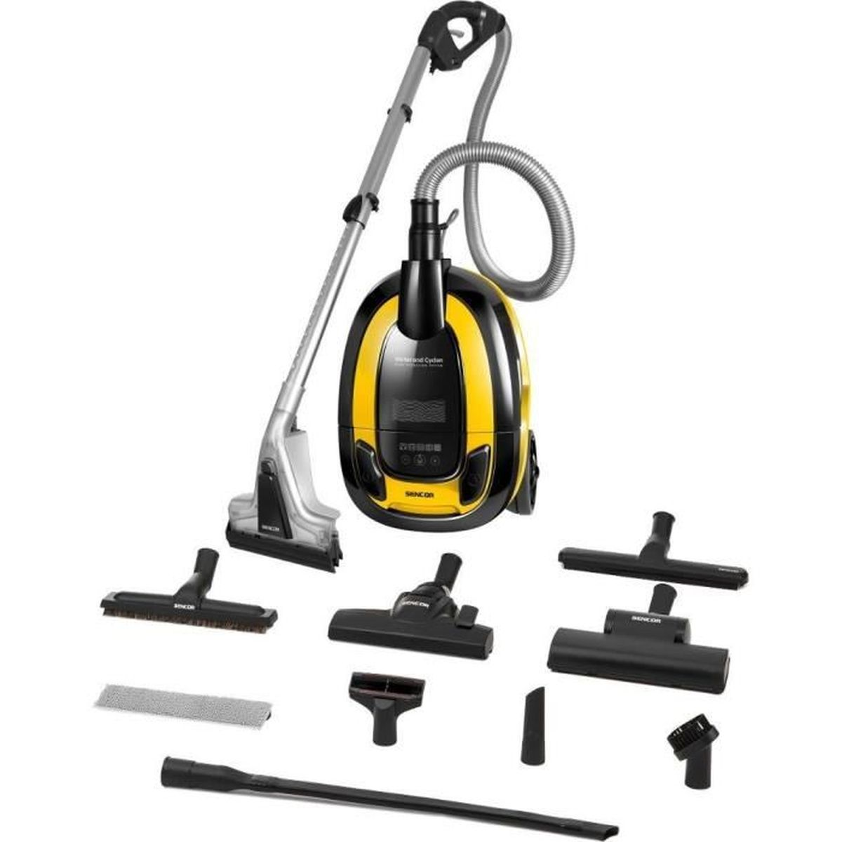 Aspirapolvere giallo e nero con accessori multipli su sfondo bianco.