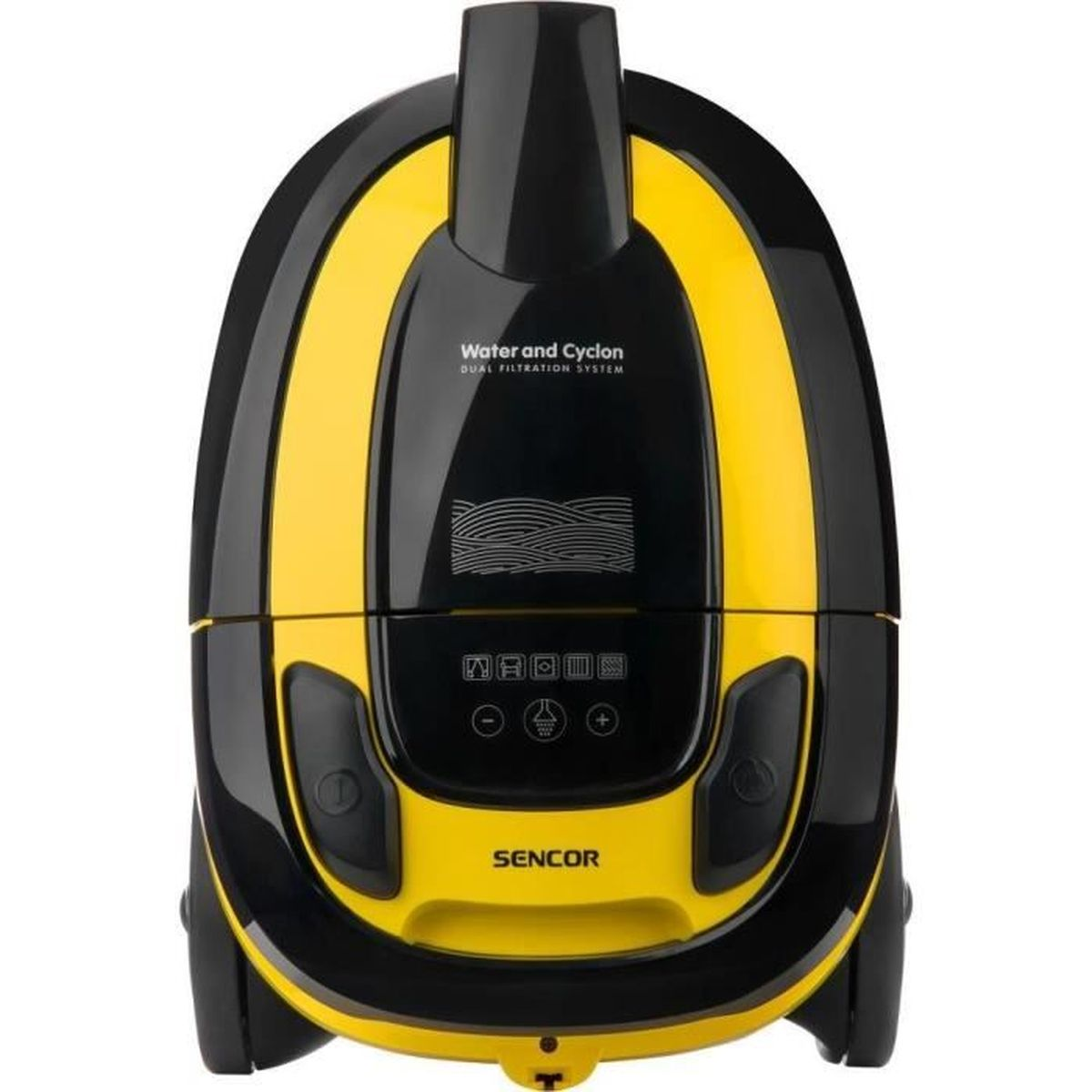 Un aspirapolvere nero e giallo con testo "Water and Cyclon".