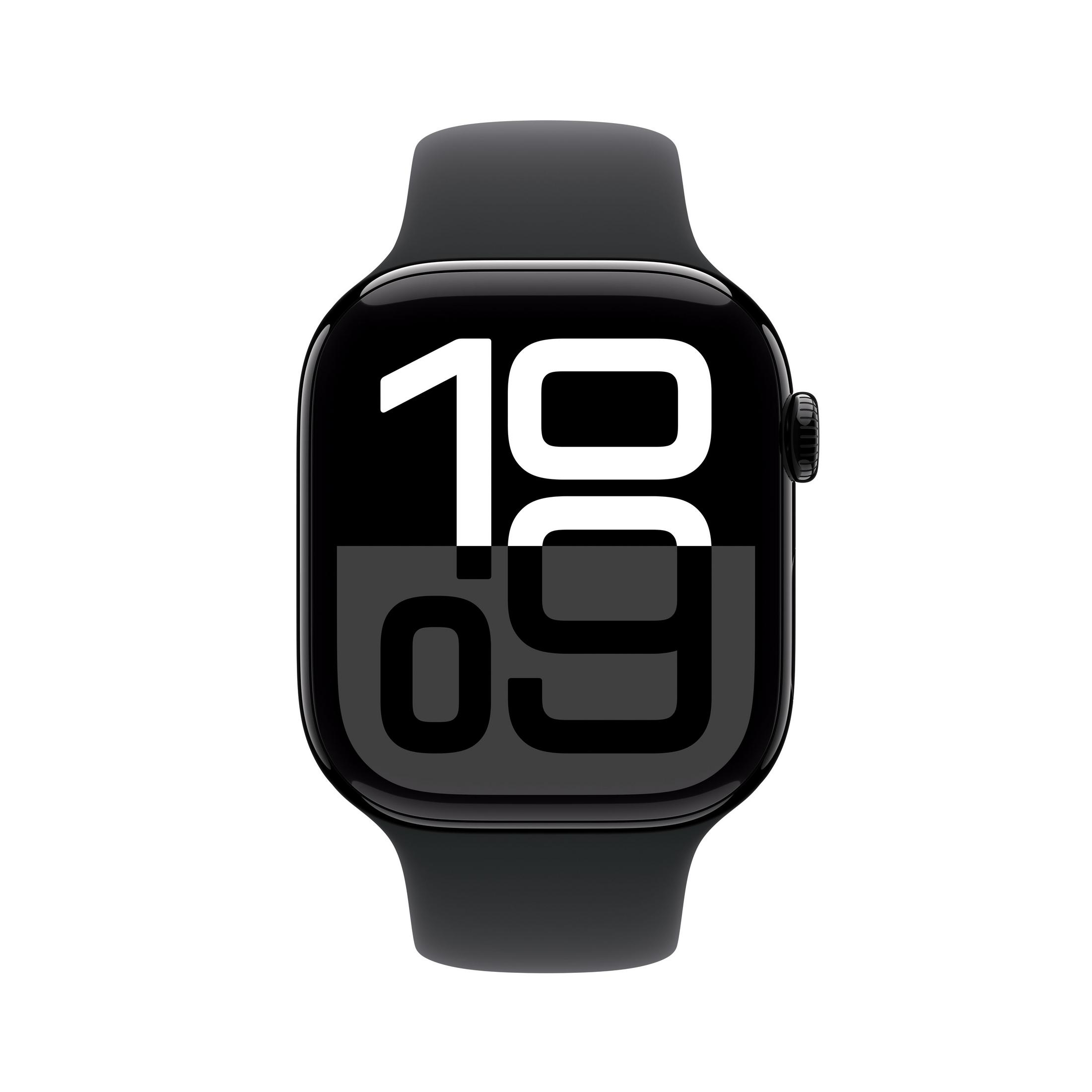 Czarny smartwatch wyświetlający 19:09 na białym tle.