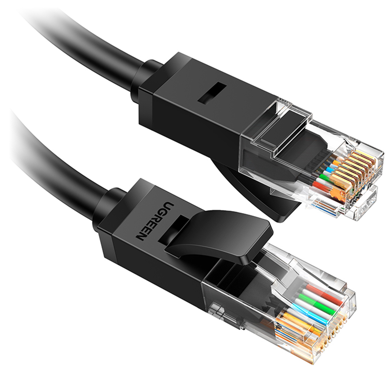 Dwa czarne kable sieciowe z przezroczystymi złączami i kolorowymi przewodami.