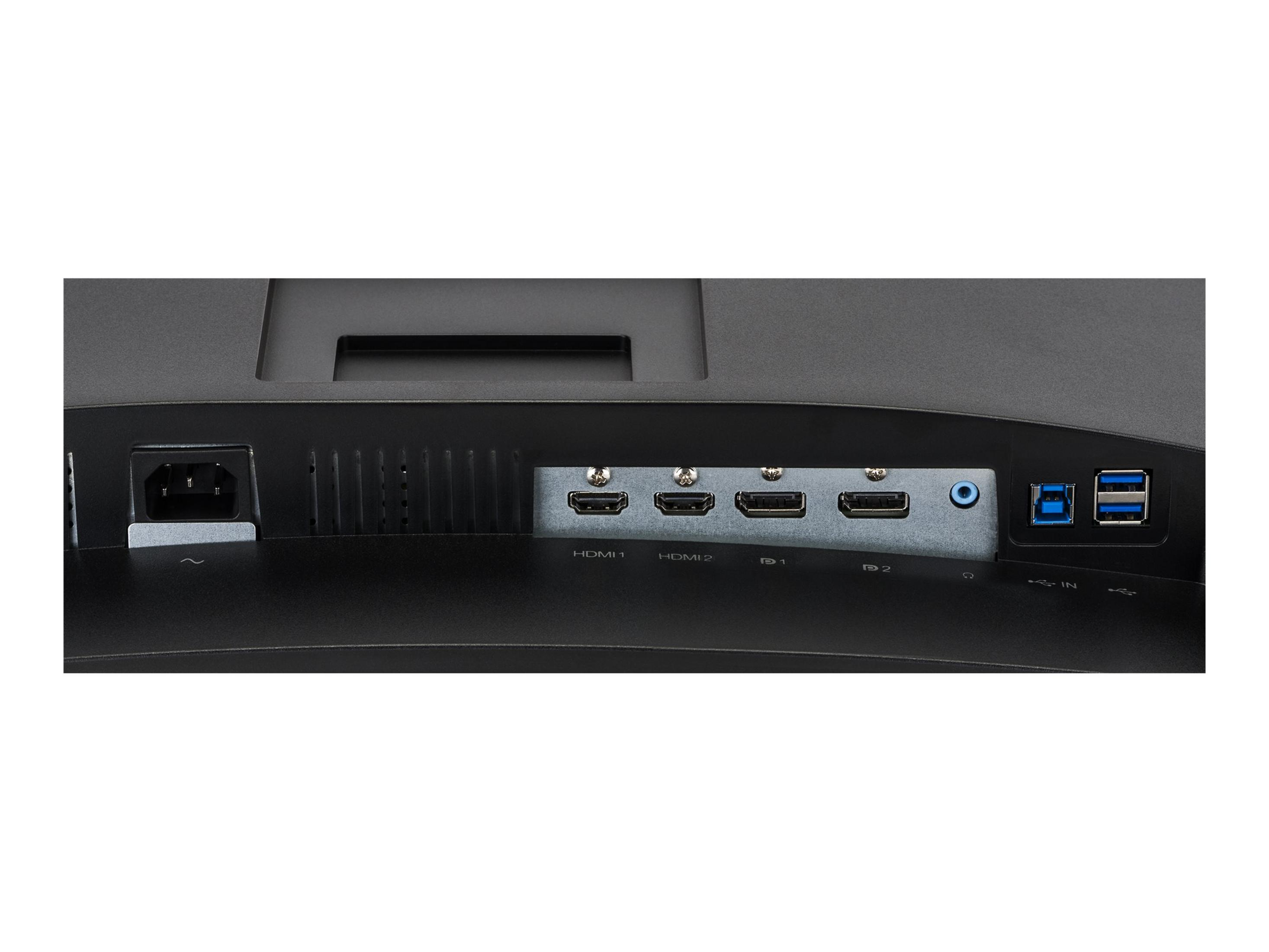 Anschlussleiste eines Monitors mit Strom-, HDMI-, DisplayPort- und USB-Anschlüssen.