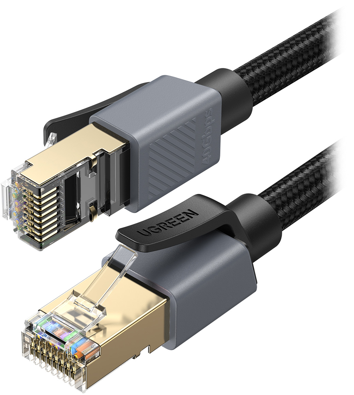 Czarny kabel ethernet ze złotymi złączami i szarą obudową.