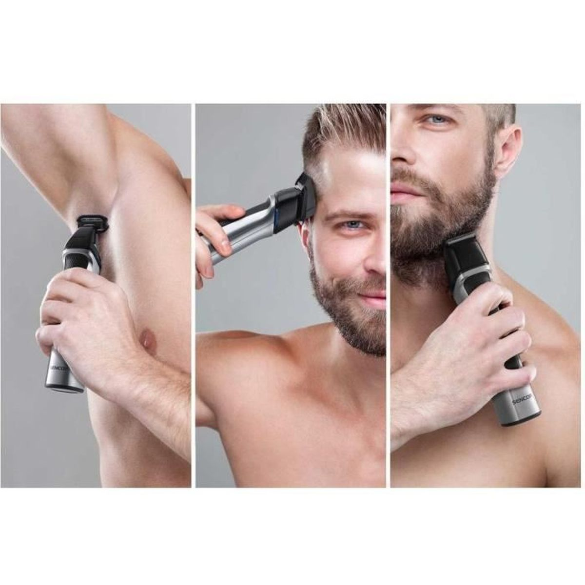 Uomo si rade ascella, testa e barba con un rifinitore.