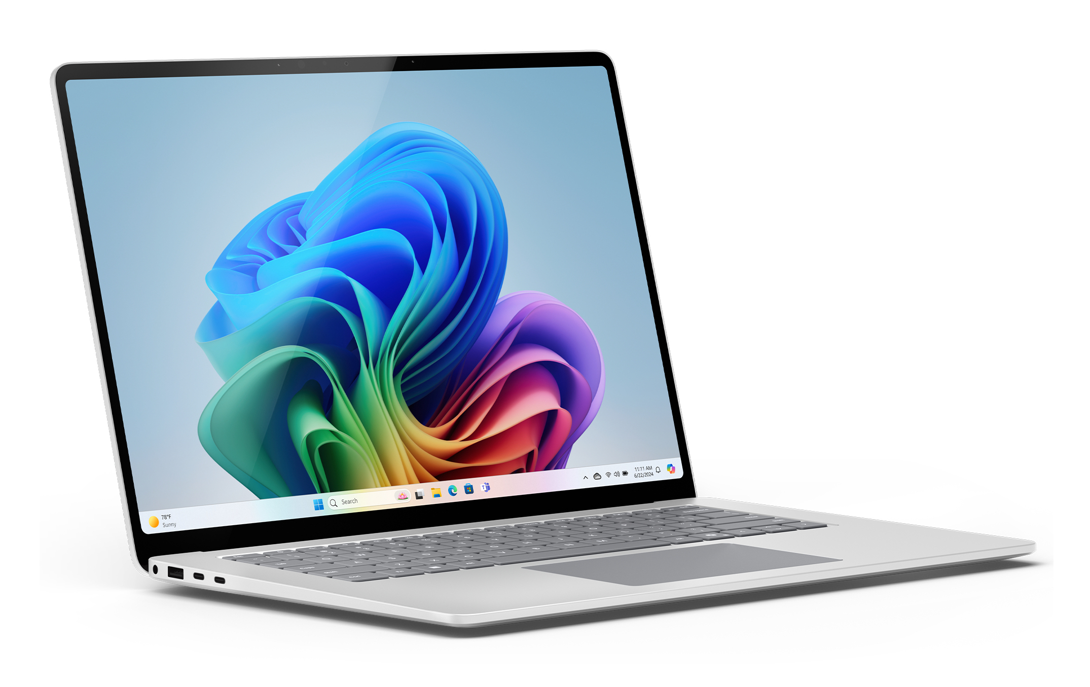 Otwarty laptop wyświetlający kolorową, płynną abstrakcyjną tapetę.