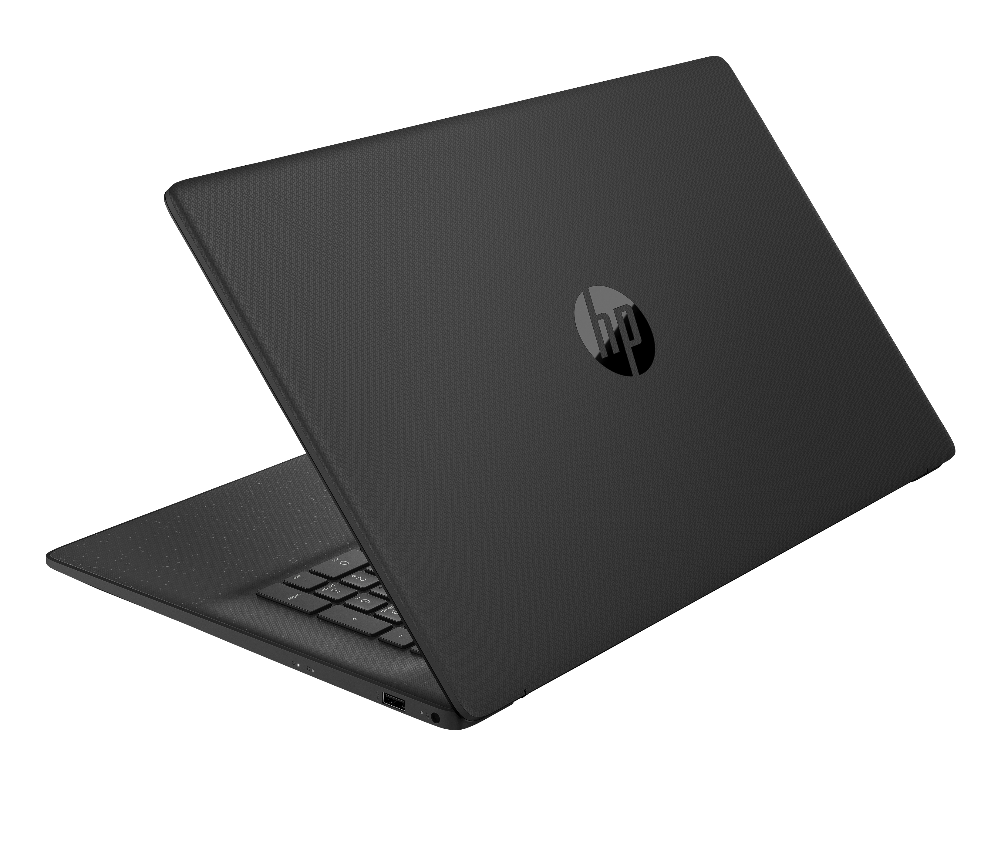 Czarny laptop HP z klawiaturą i logo HP na pokrywie.