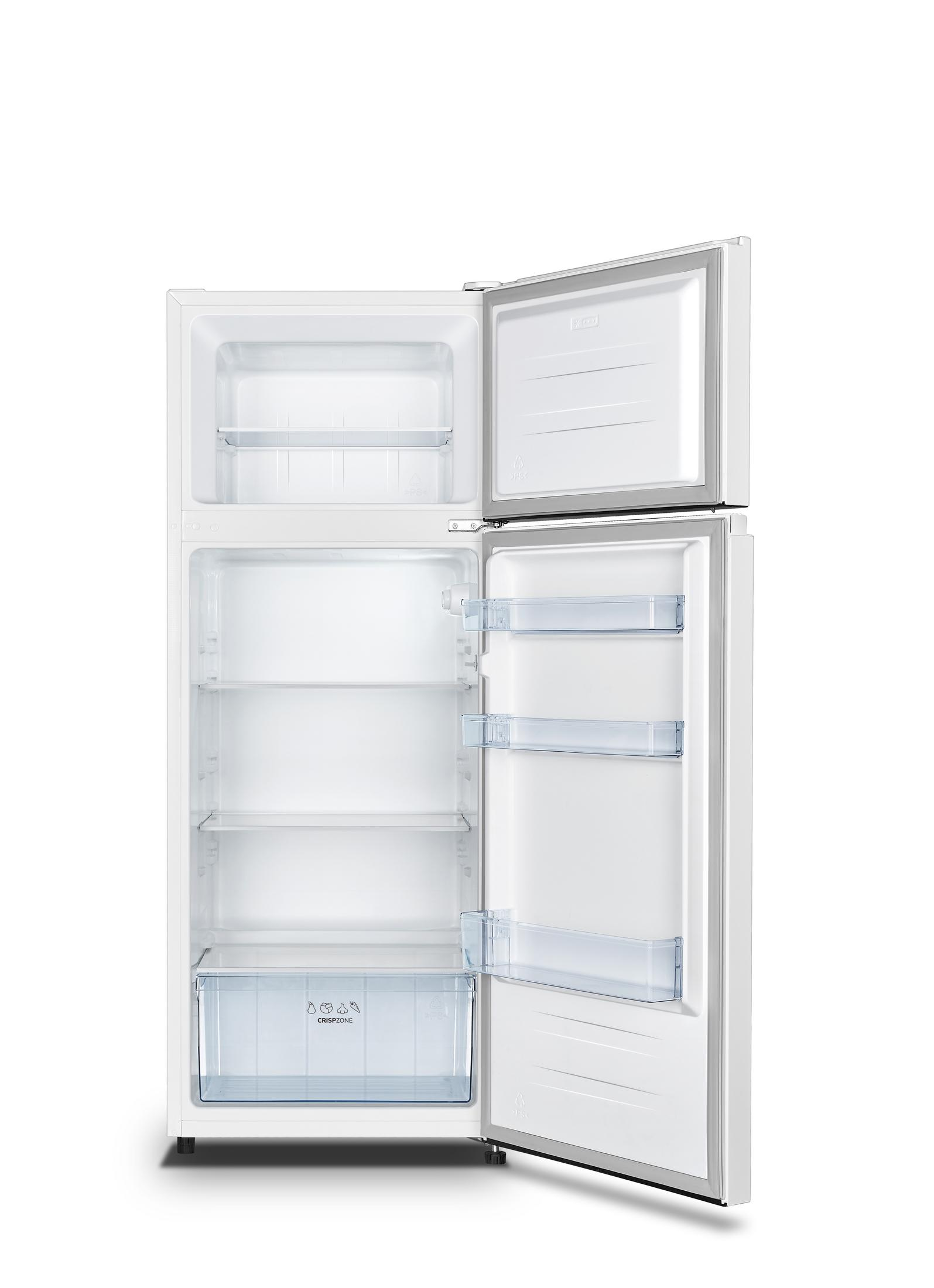 Ein weißer Kühlschrank mit geöffneten Türen, leer.