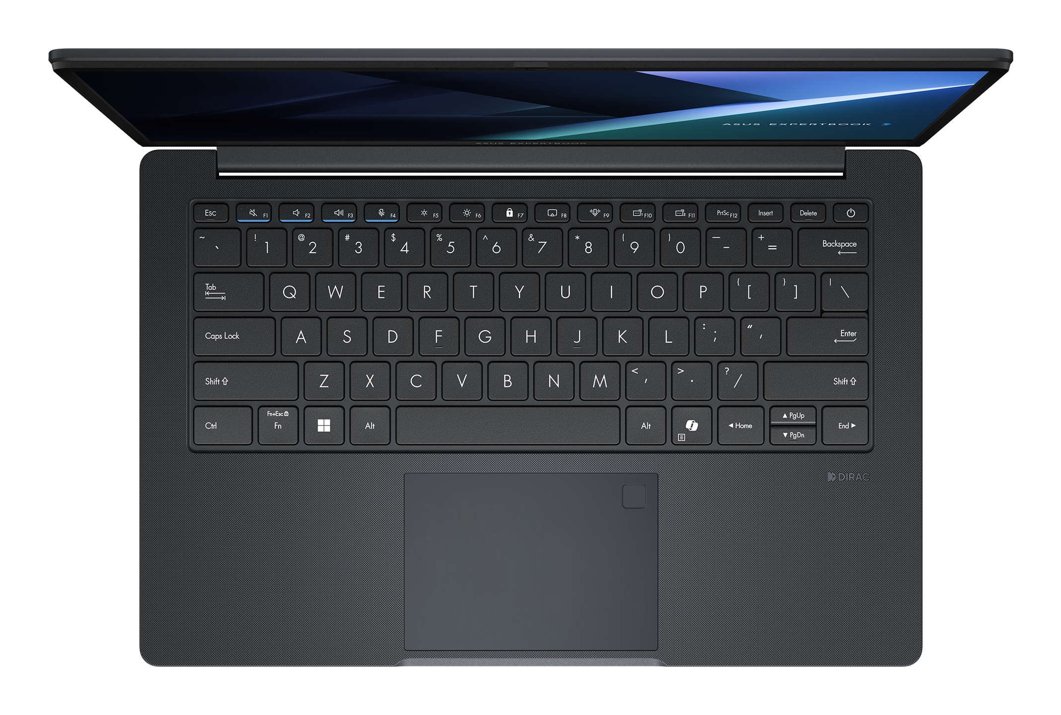Een open zwarte laptop met toetsenbord en touchpad, van bovenaf gezien.