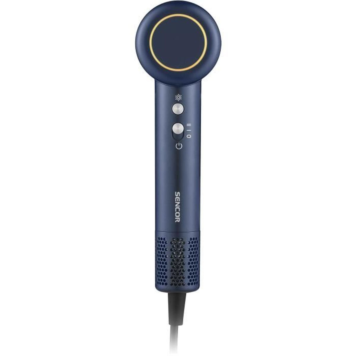 Asciugacapelli blu scuro con anello dorato e pulsanti.