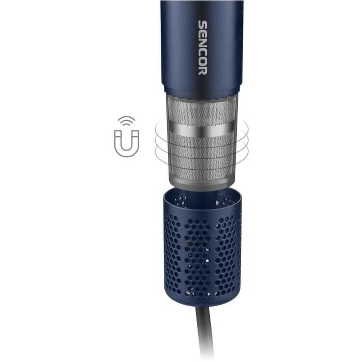 Accessorio aspirapolvere blu con filtro argento e icona magnete.