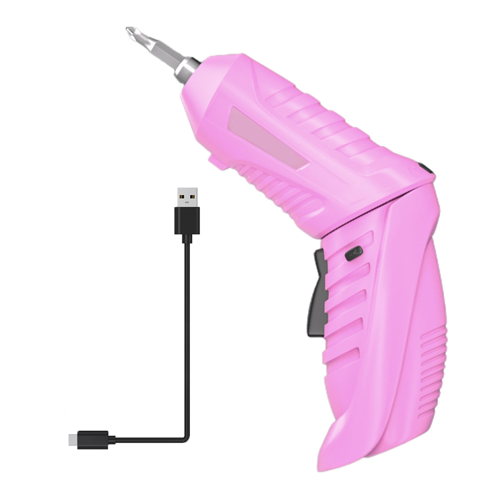 Ein pinker Akku-Schrauber mit USB-Kabel auf weißem Hintergrund.