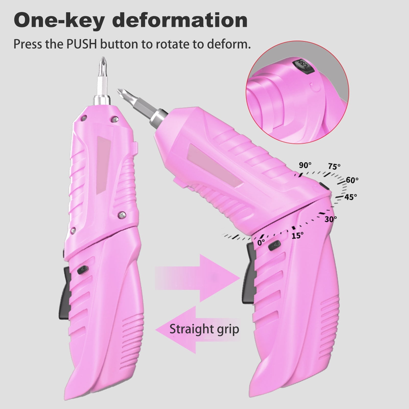 Ein pinker Akkuschrauber mit verstellbarem Griff und Winkelanzeige.