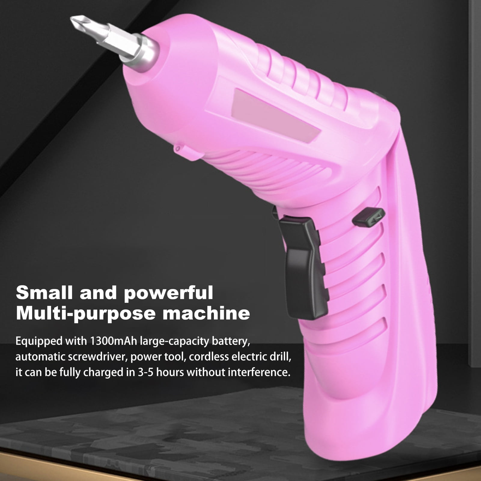 Ein kleiner, pinker Akkuschrauber mit schwarzem Griff und silberner Spitze.