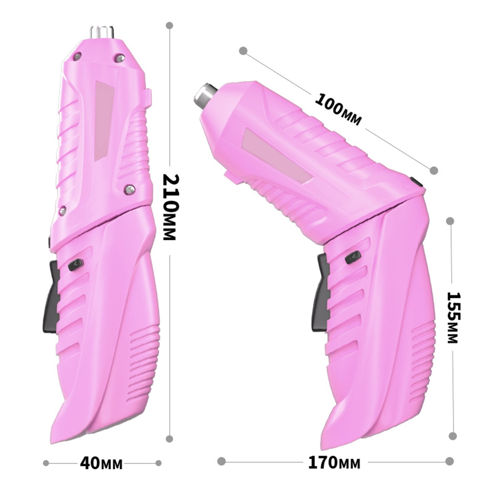 Zwei Ansichten eines rosa Elektroschraubers mit Maßangaben.