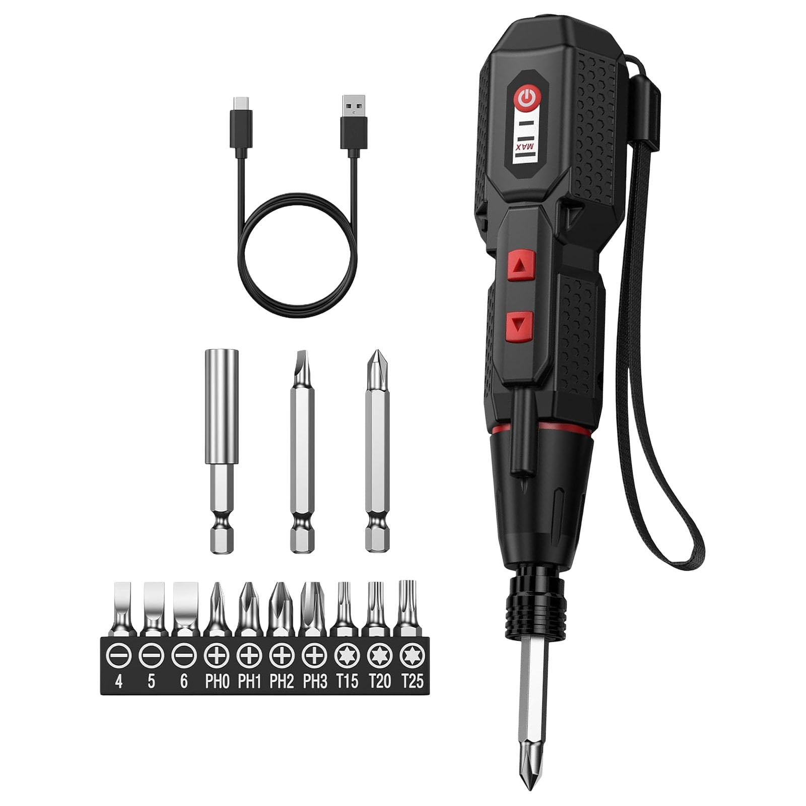 Ein schwarzer elektrischer Schraubendreher mit vielen Bits, Ladekabel und Handschlaufe.