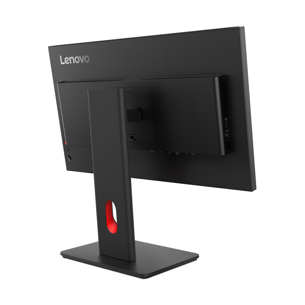 Widok z tyłu czarnego monitora Lenovo z czerwonym akcentem na podstawie.