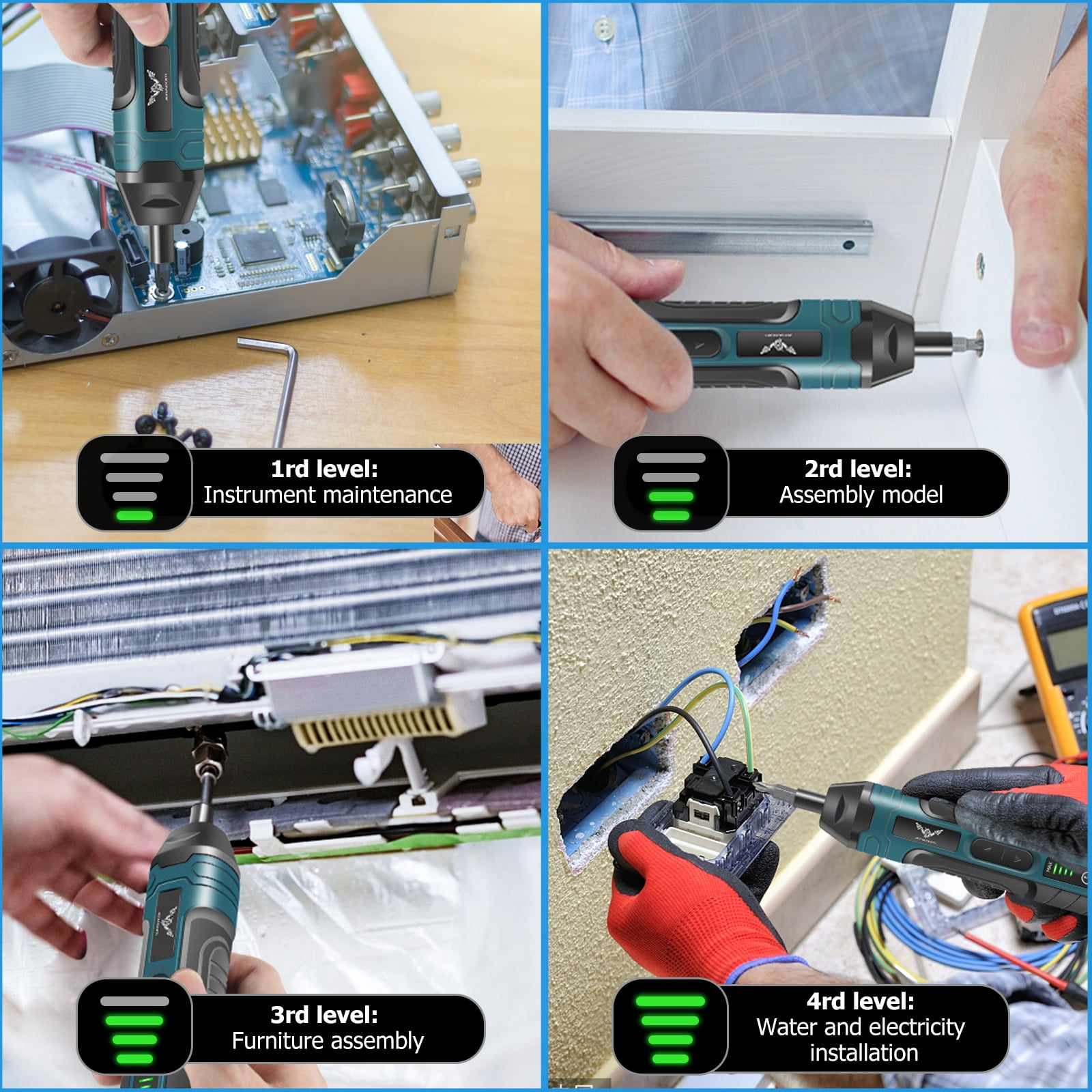 Vier Szenen zeigen einen Schraubendreher bei Wartungs-, Montage-, Möbel- und Elektroarbeiten.