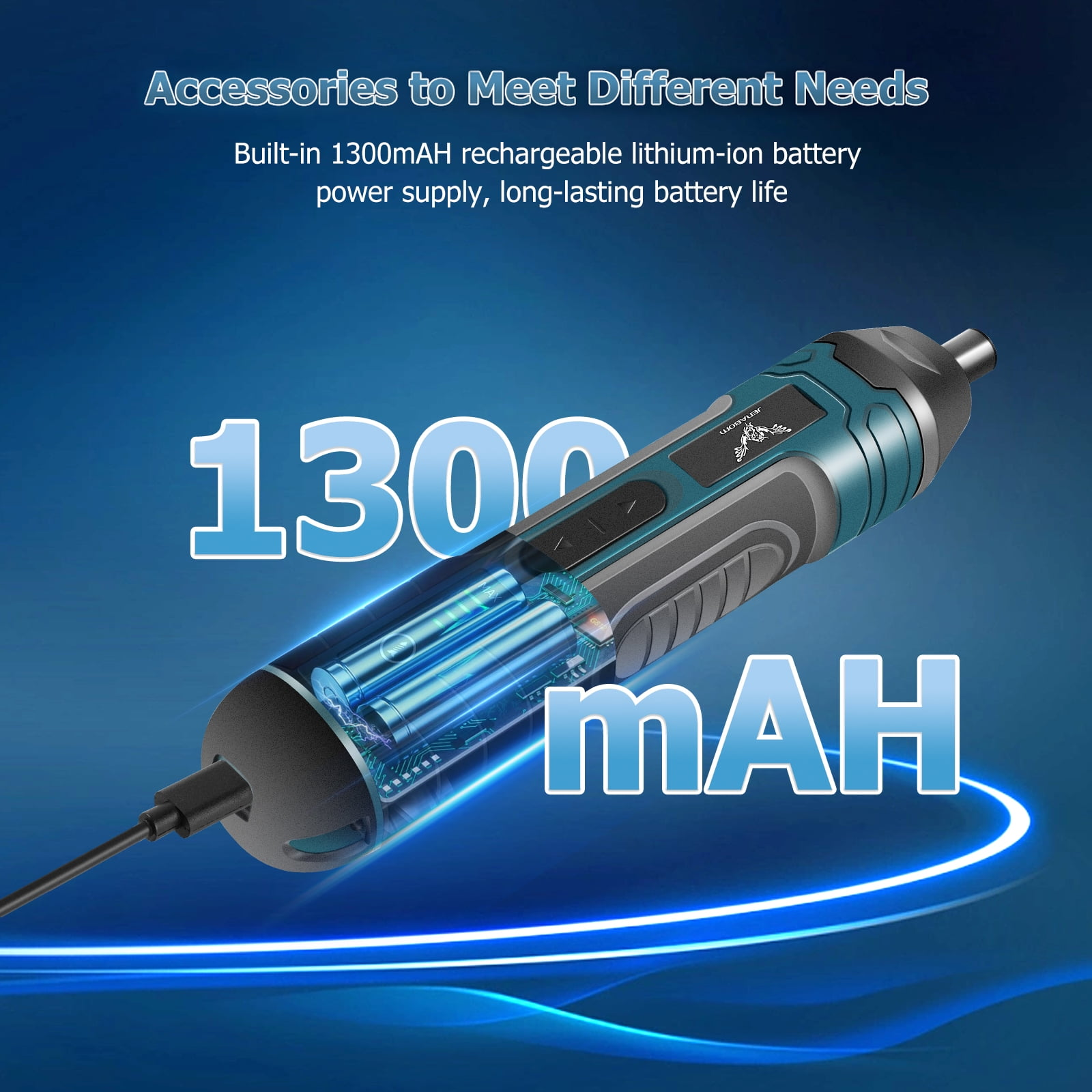 Ein blau-grauer Akku-Schrauber mit 1300mAh wird gezeigt.