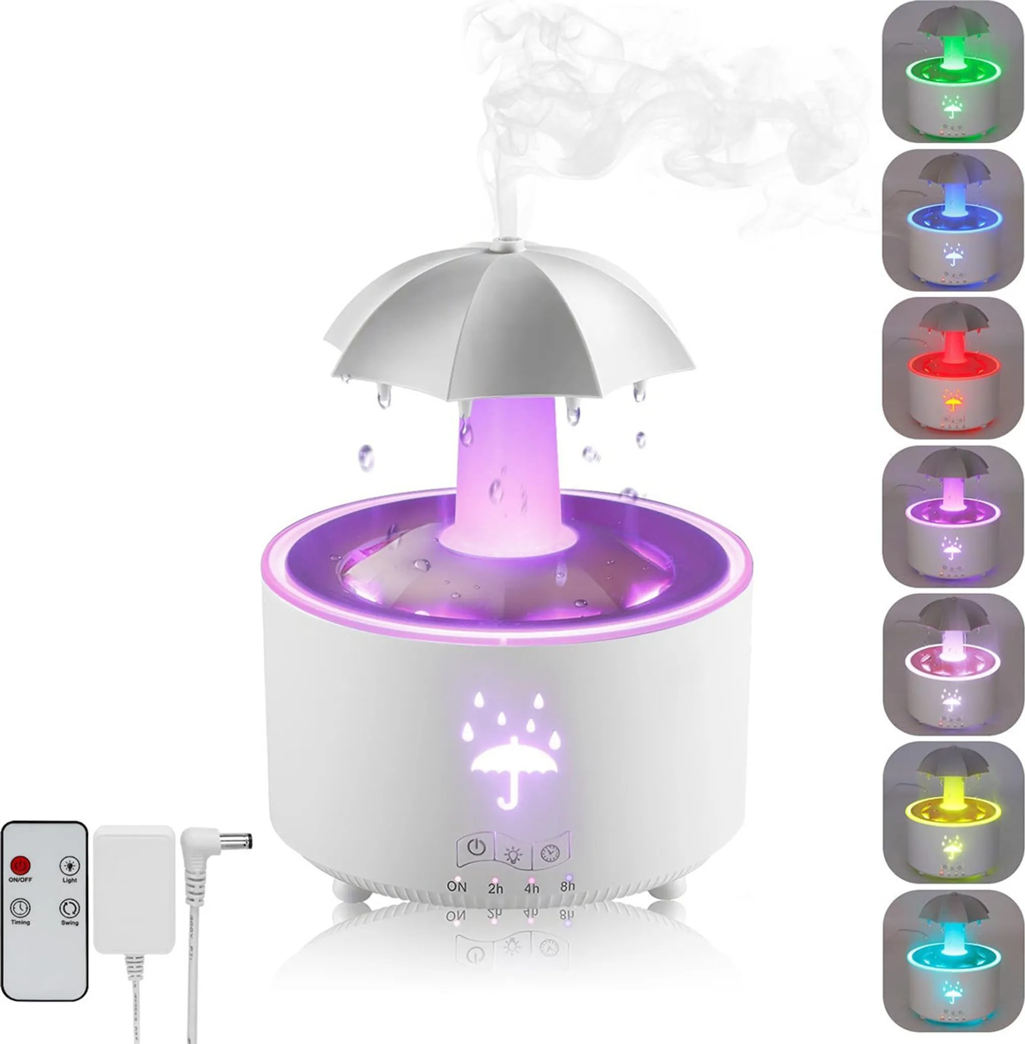 Ein weißer Luftbefeuchter mit Regenschirm-Design, der Dampf abgibt und in verschiedenen Farben leuchtet.