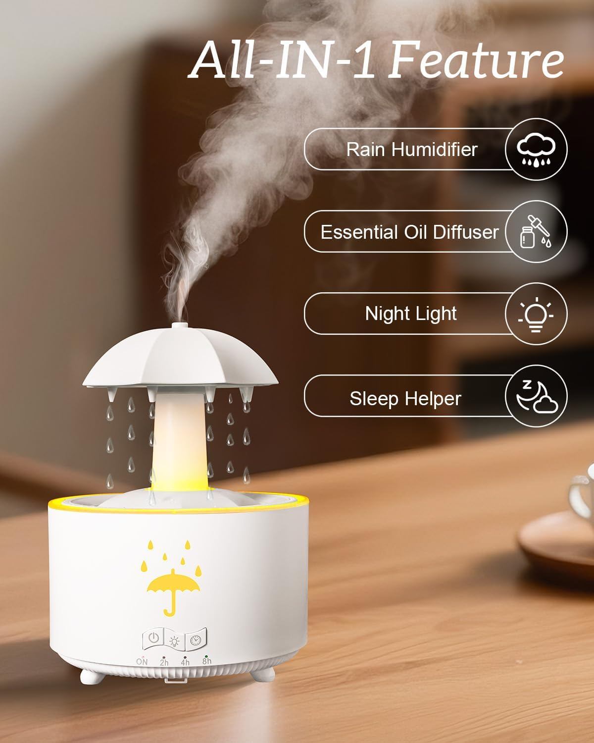 Ein weißer Luftbefeuchter mit Regenschirm-Design gibt Dampf ab.