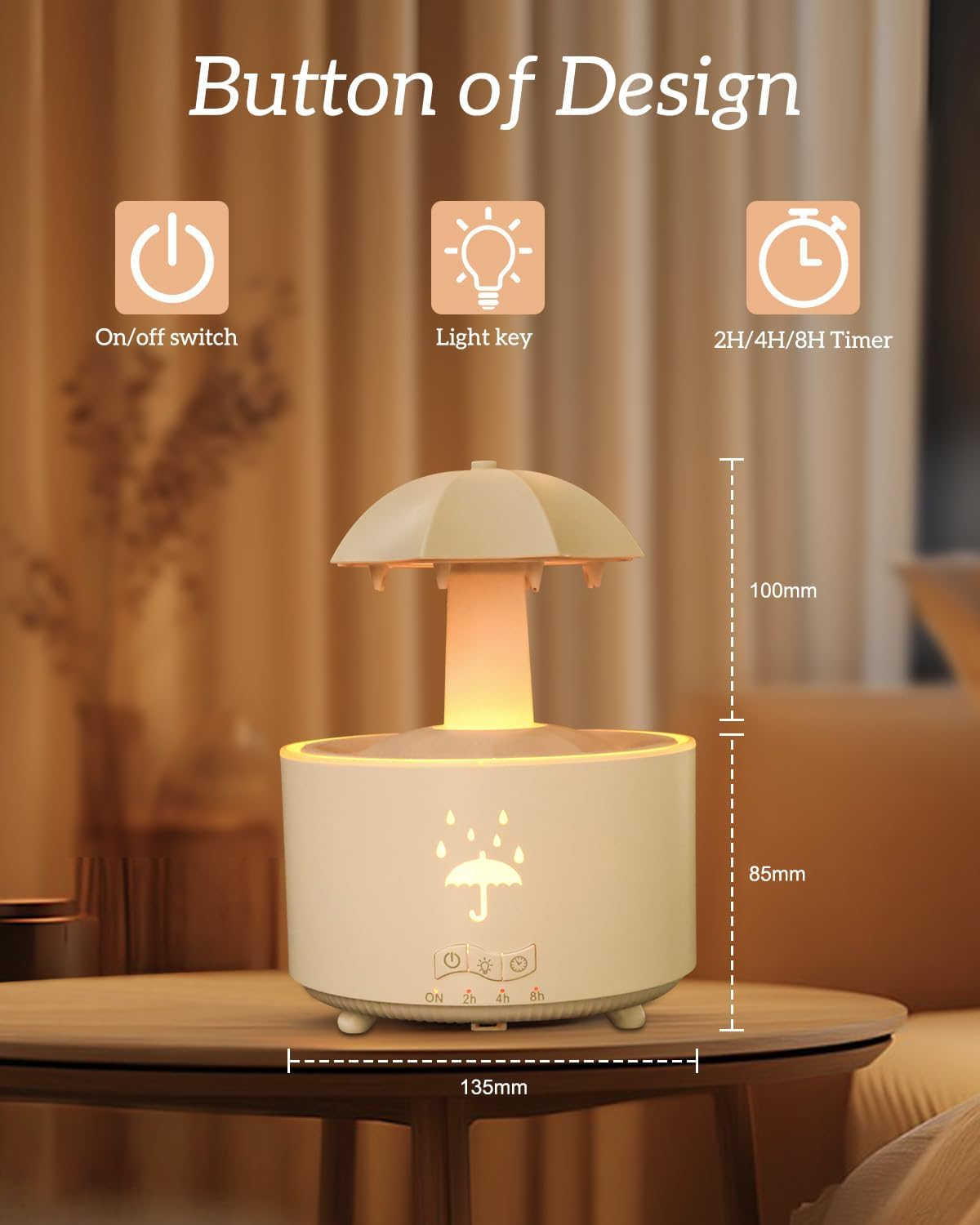 Weißer Diffusor mit Pilzkappe, beleuchtet, mit Timer- und Schalteroptionen.