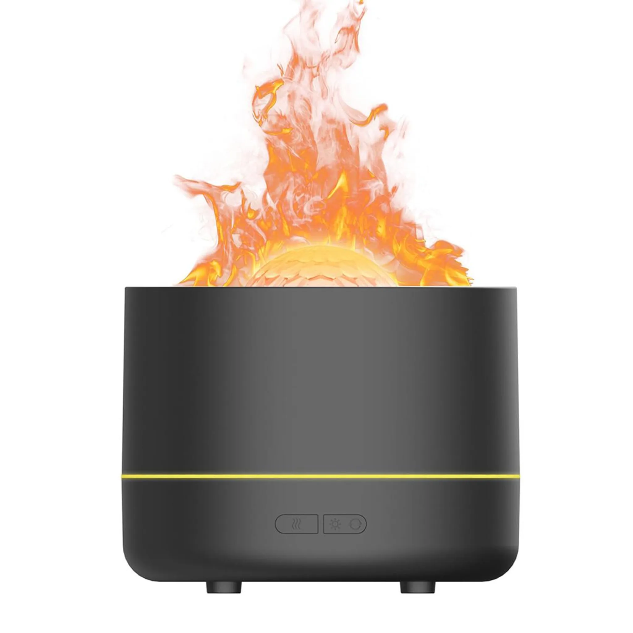Ein schwarzer Diffusor mit Flammen-Effekt und gelbem Lichtband.