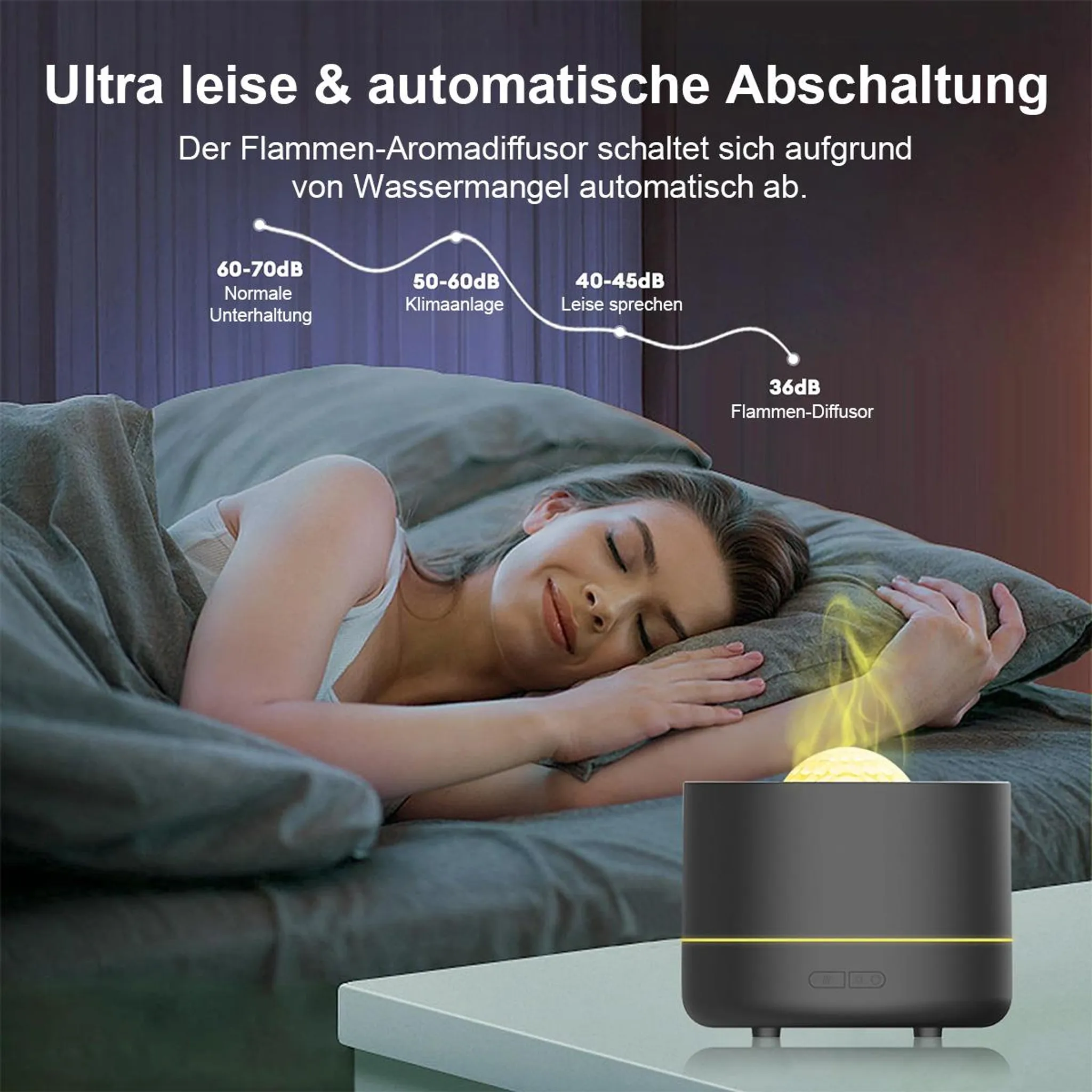 Eine Frau schläft im Dunkeln, neben einem Flammen-Diffusor.