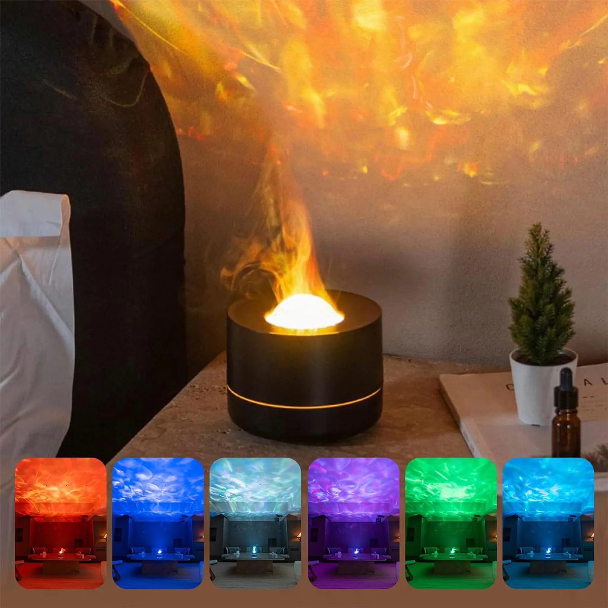 Ein schwarzer Diffusor mit Flammenlichteffekt auf einem Nachttisch.