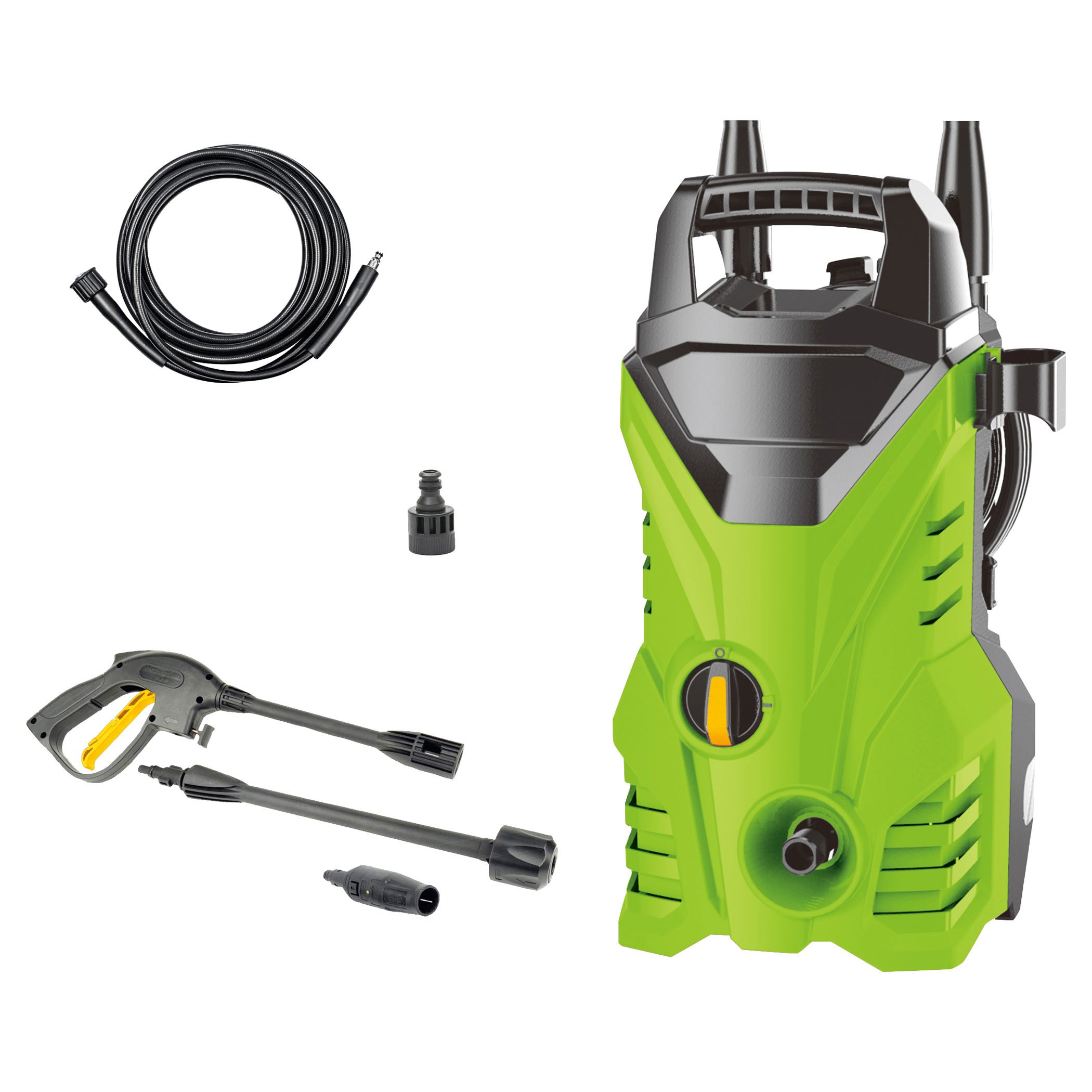 Idropulitrice verde con tubo, pistola a spruzzo e accessori.