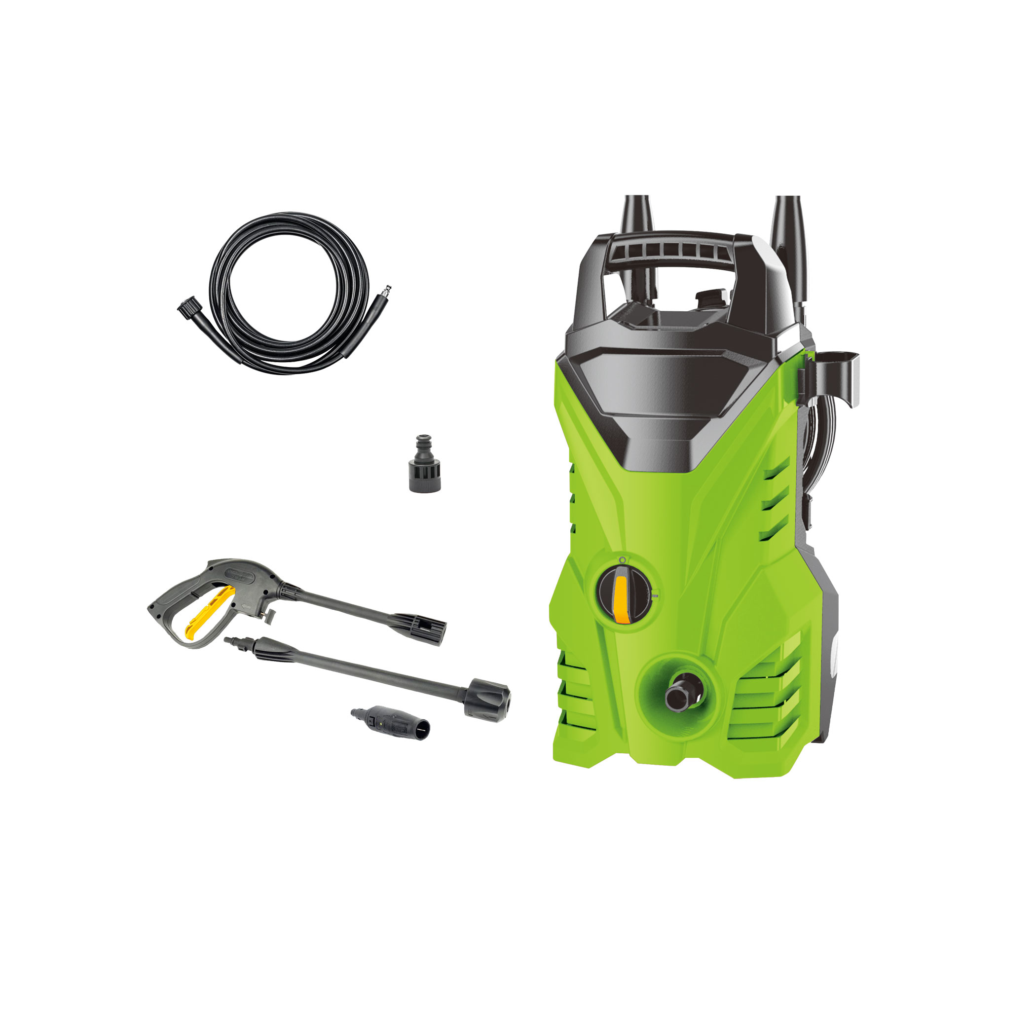 Idropulitrice verde con tubo, pistola e ugelli su sfondo bianco.