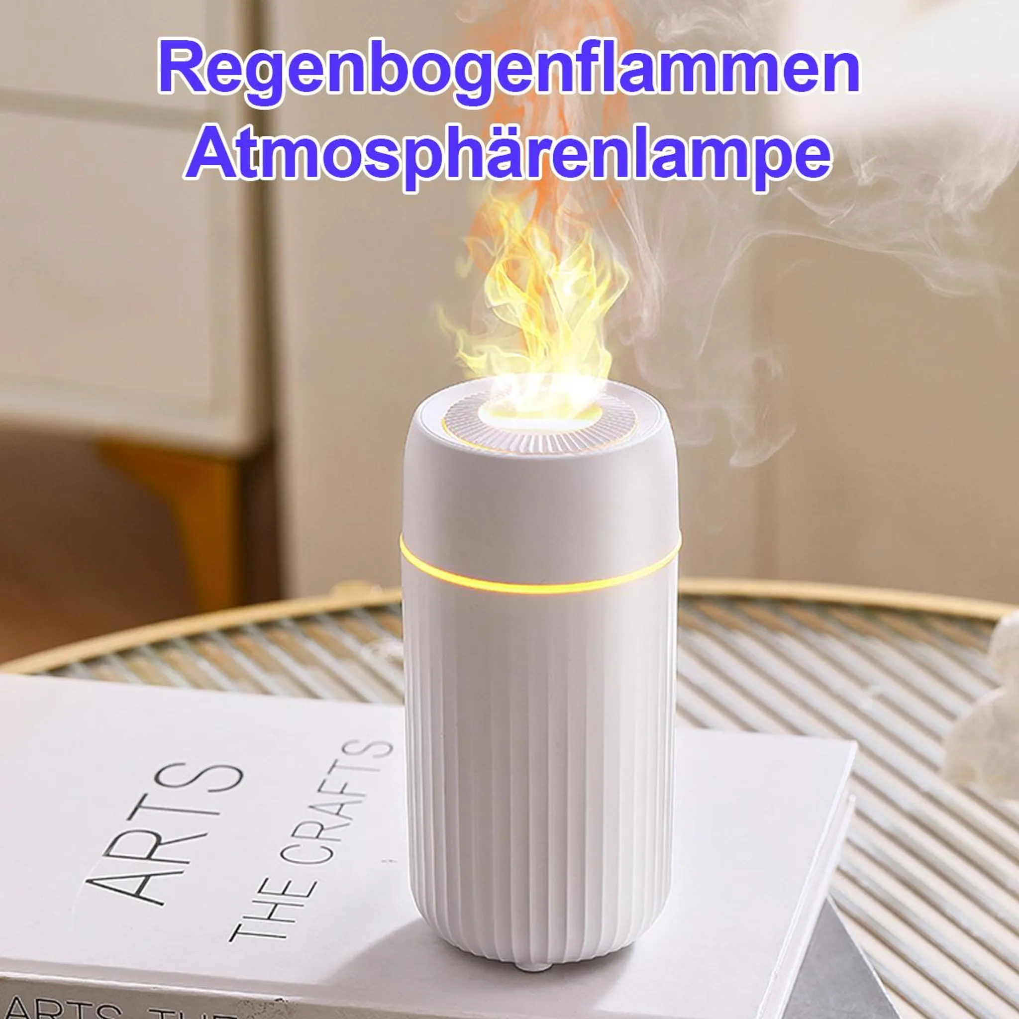 Ein weißer Luftbefeuchter mit Flammen-Effekt und gelbem Licht.