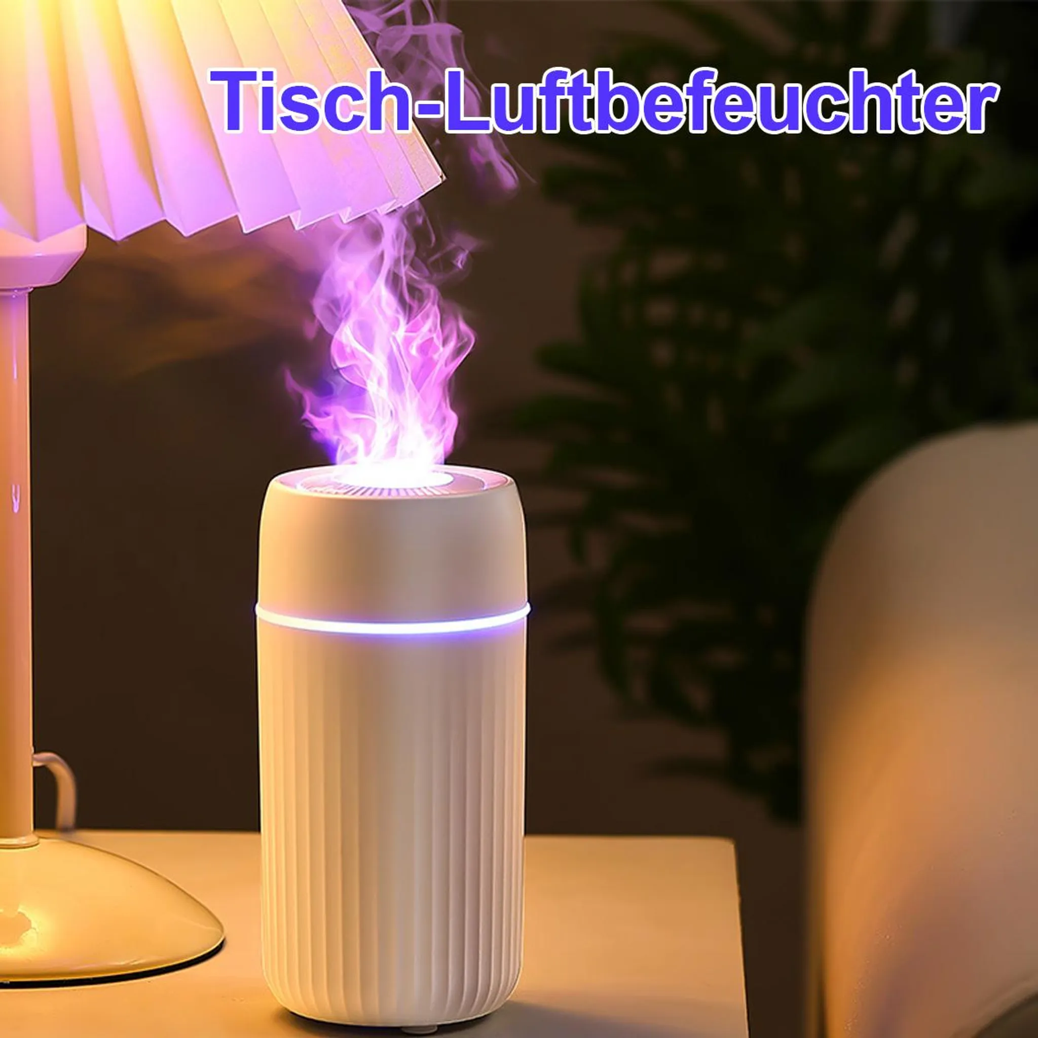 Ein weißer Luftbefeuchter mit violetter Flamme und Lichteinsatz.