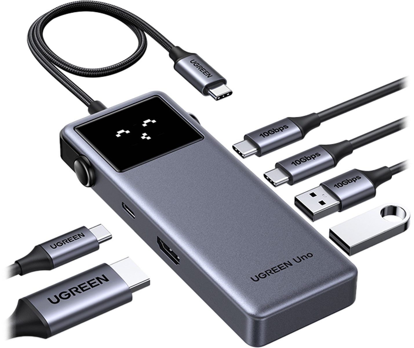 Szary hub UGREEN Uno z portami USB-C, USB-A i HDMI oraz kablami.