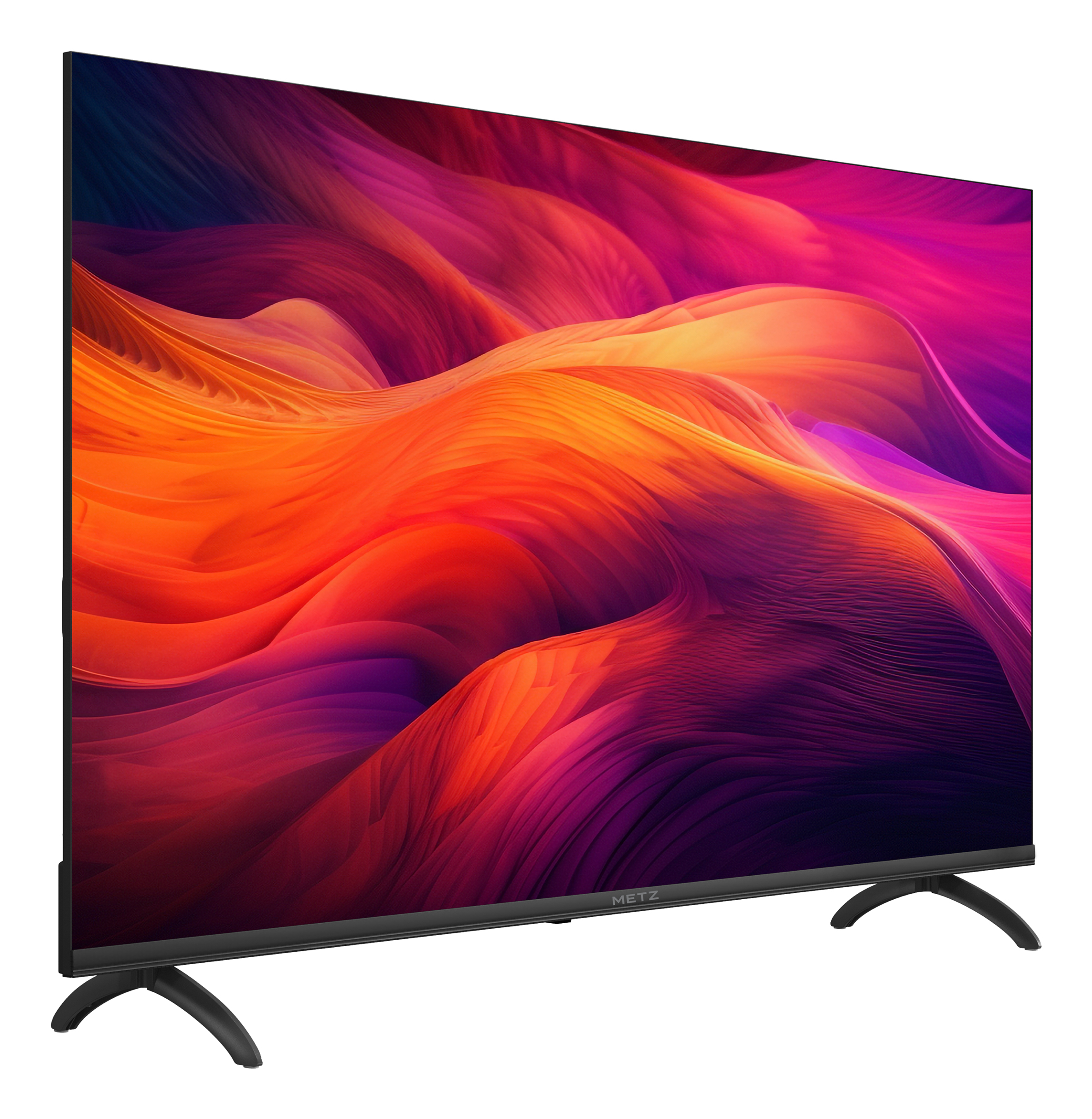 Un televisore moderno che visualizza uno sfondo astratto e colorato in arancione, rosa e viola.