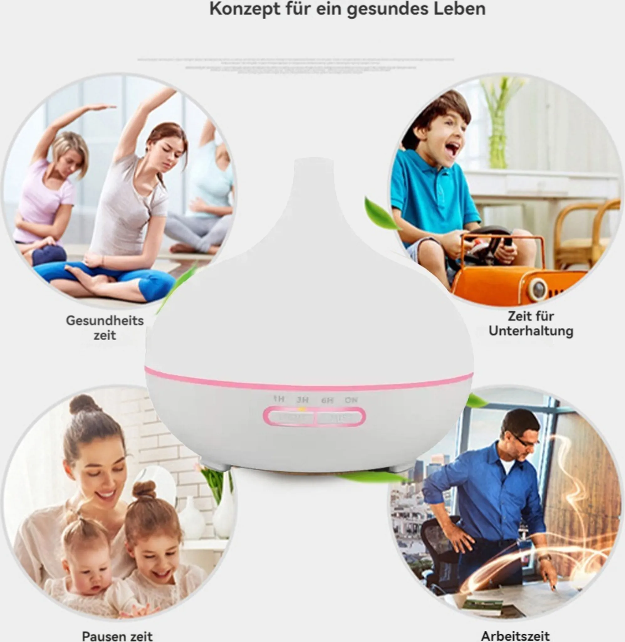Ein Diffusor mit vier Kreisen: Yoga, Kind spielt, Familie, Mann am Schreibtisch.