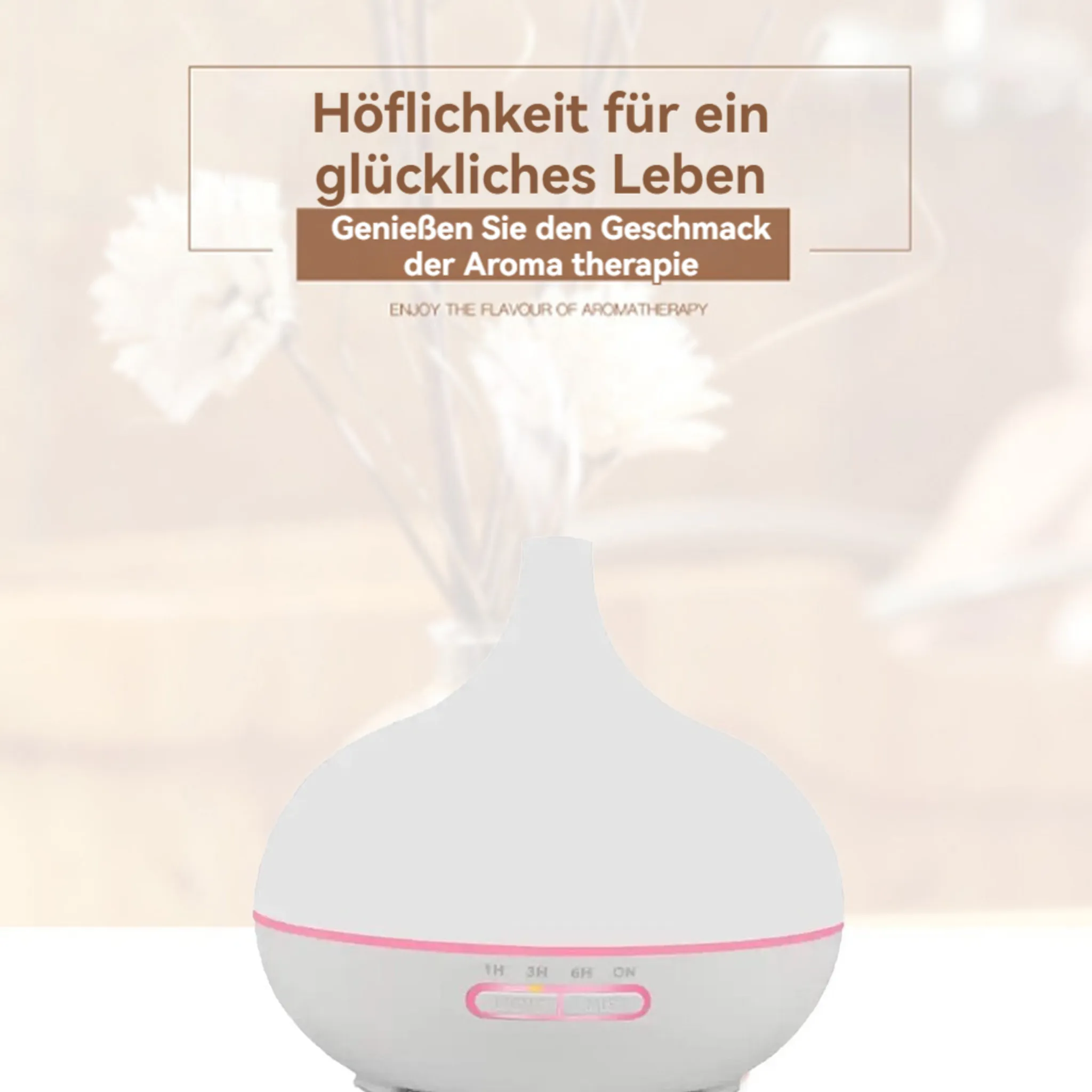 Ein weißer Diffusor mit rosa Akzenten und deutschen/englischen Text.